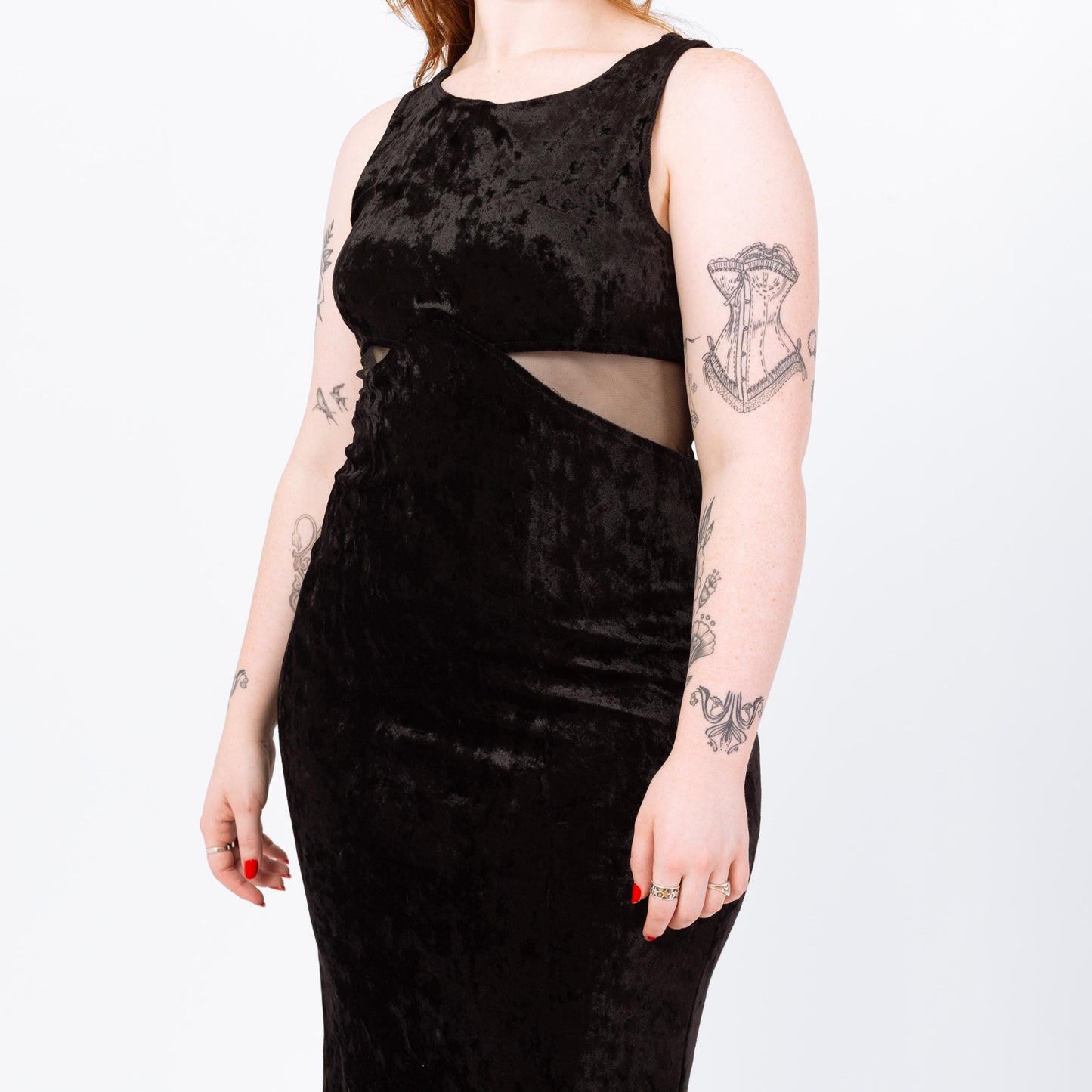 Vintage 90s Black Velvet Mesh Cut Out Waist Maxi Dress - Large | Sleeveless Bodycon Fitted Slinky Sexy Cocktail Party Dress