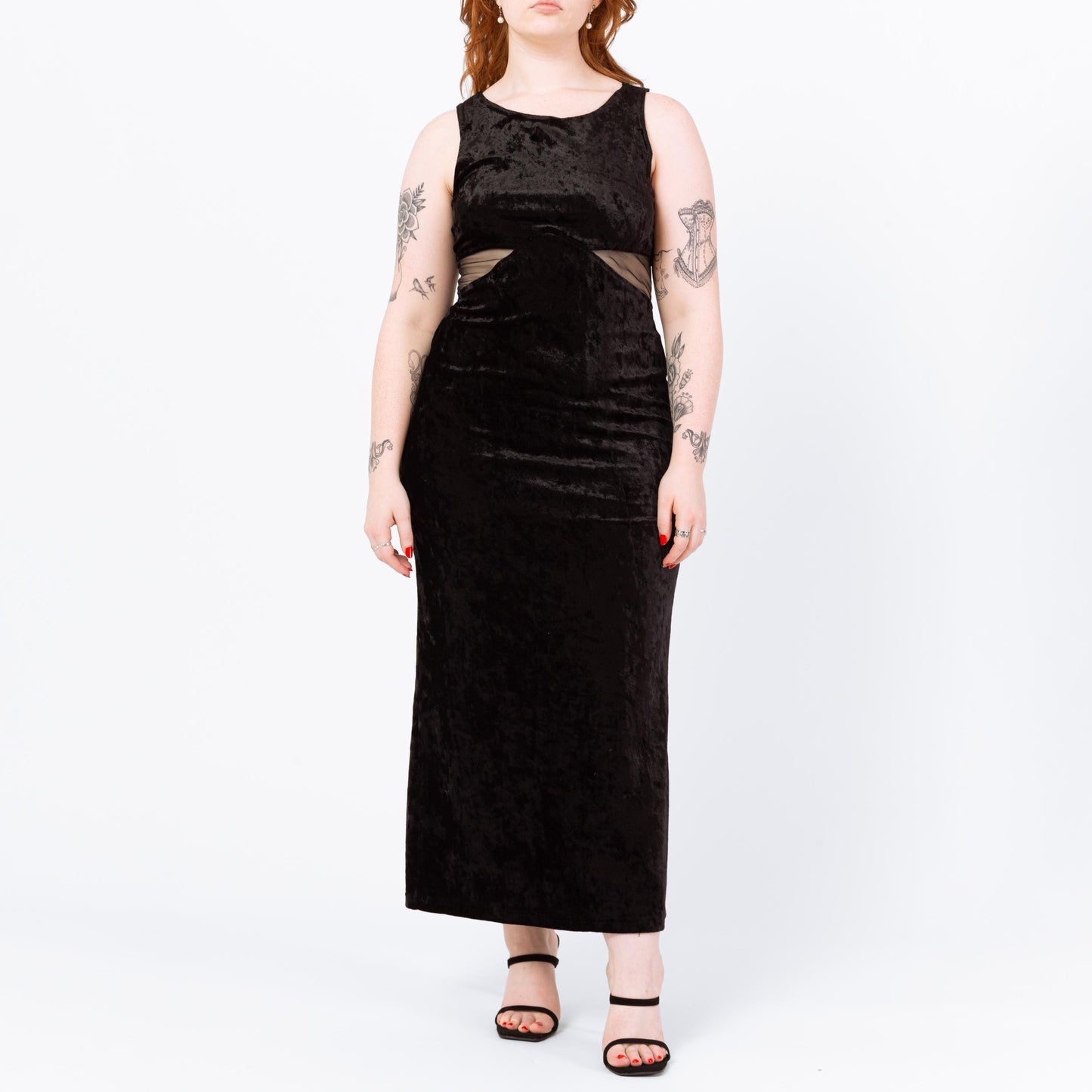 Vintage 90s Black Velvet Mesh Cut Out Waist Maxi Dress - Large | Sleeveless Bodycon Fitted Slinky Sexy Cocktail Party Dress