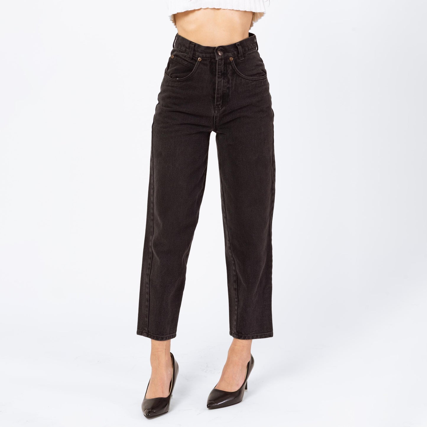 Vintage 90s Black High Rise Yoked Waist Jeans - Petite XS, 24" Waist | Denim Tapered Leg Short Inseam Mom Jeans