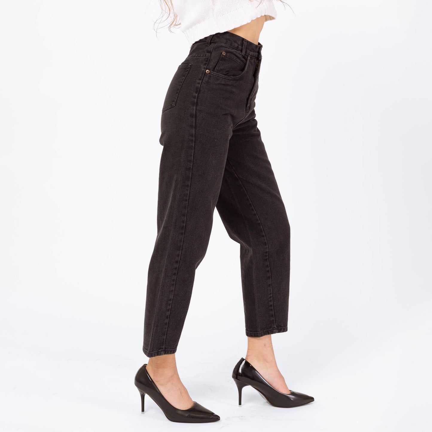Vintage 90s Black High Rise Yoked Waist Jeans - Petite XS, 24" Waist | Denim Tapered Leg Short Inseam Mom Jeans