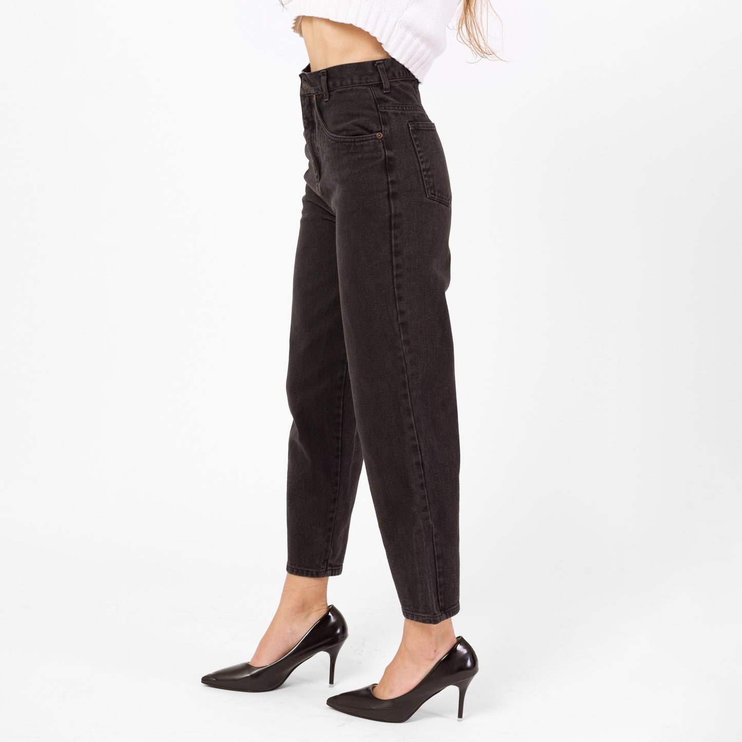 Vintage 90s Black High Rise Yoked Waist Jeans - Petite XS, 24" Waist | Denim Tapered Leg Short Inseam Mom Jeans