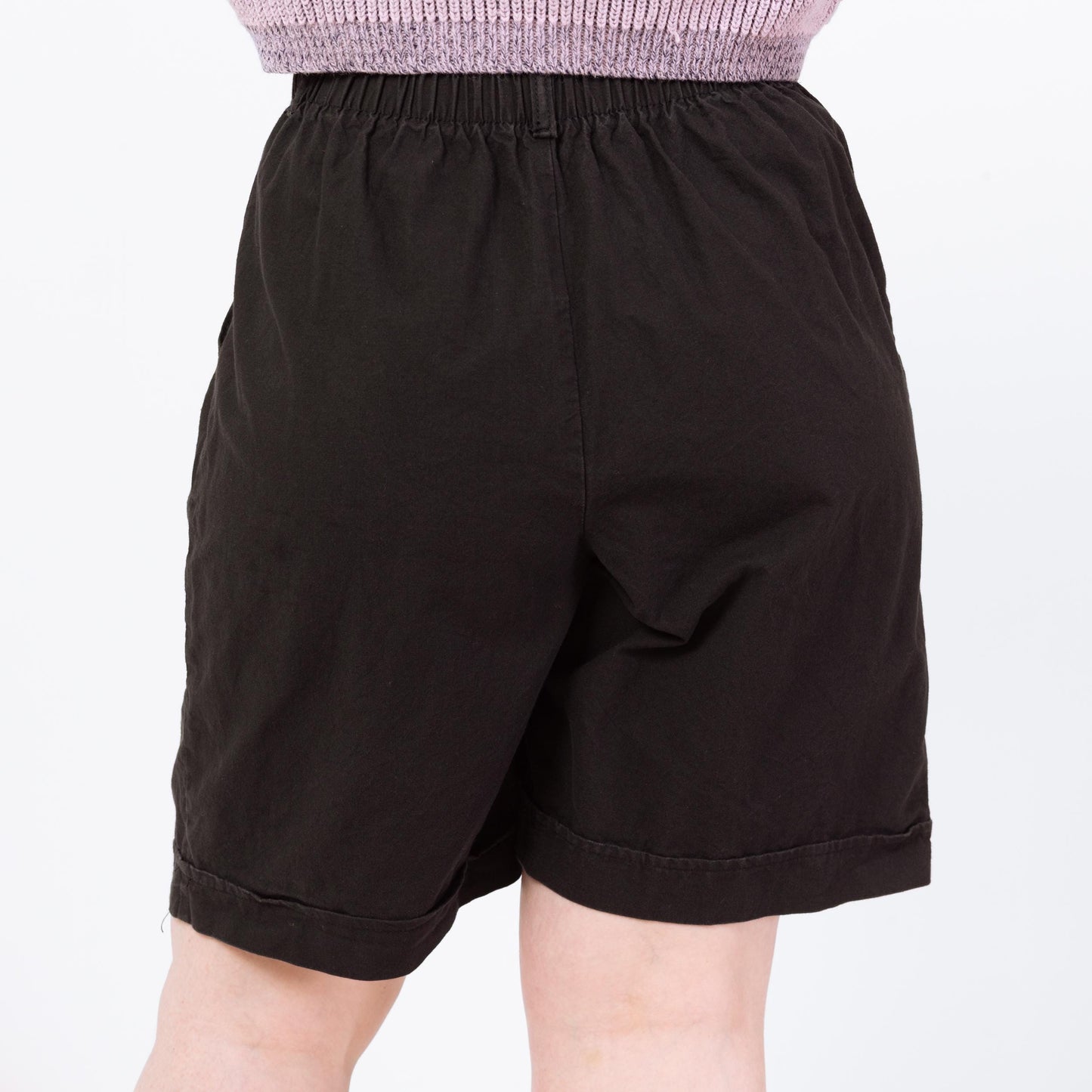 Vintage 90s Black Cotton High Waisted Shorts - Large, 29"-34" Waist | Pleated Mid Length Casual Shorts