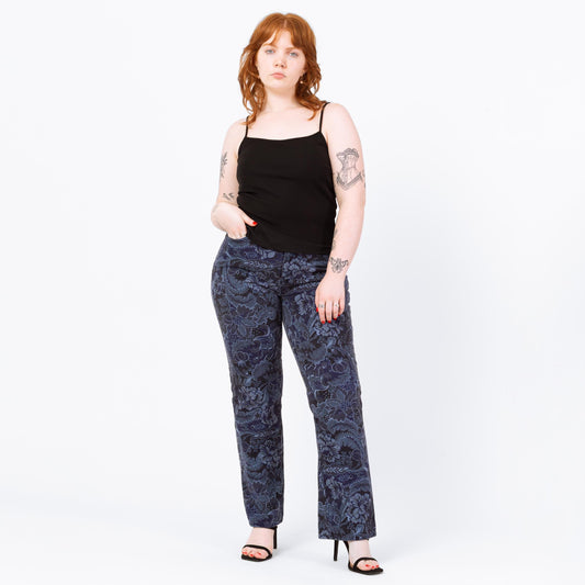 Vintage 90s Blue Baroque Floral Bootcut Jeans - Medium, 32" Waist | Mid Rise Navy Blue Denim Mom Jeans