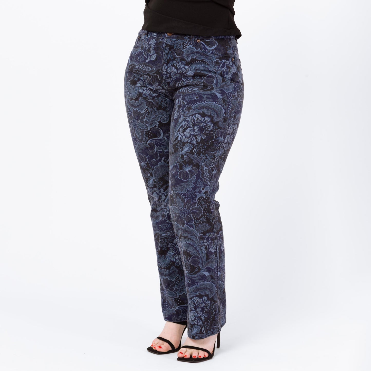 Vintage 90s Blue Baroque Floral Bootcut Jeans - Medium, 32" Waist | Mid Rise Navy Blue Denim Mom Jeans