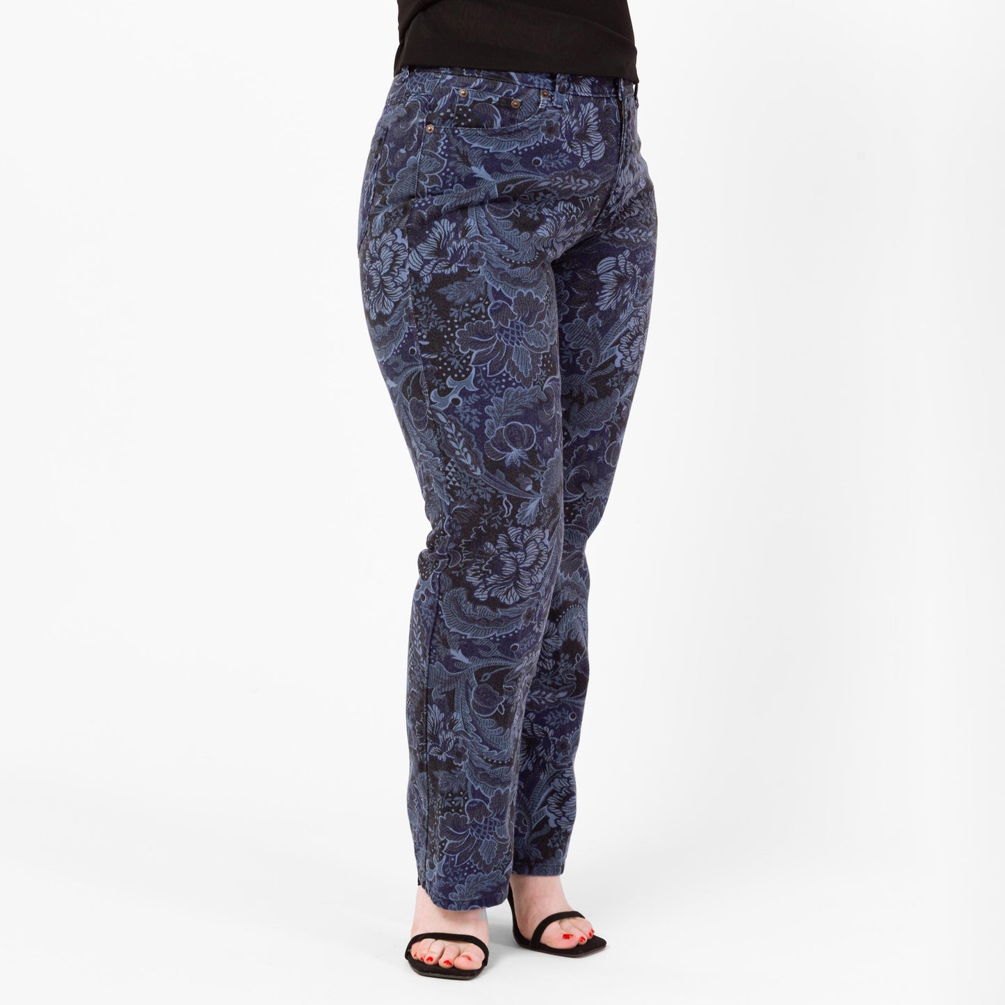 Vintage 90s Blue Baroque Floral Bootcut Jeans - Medium, 32" Waist | Mid Rise Navy Blue Denim Mom Jeans