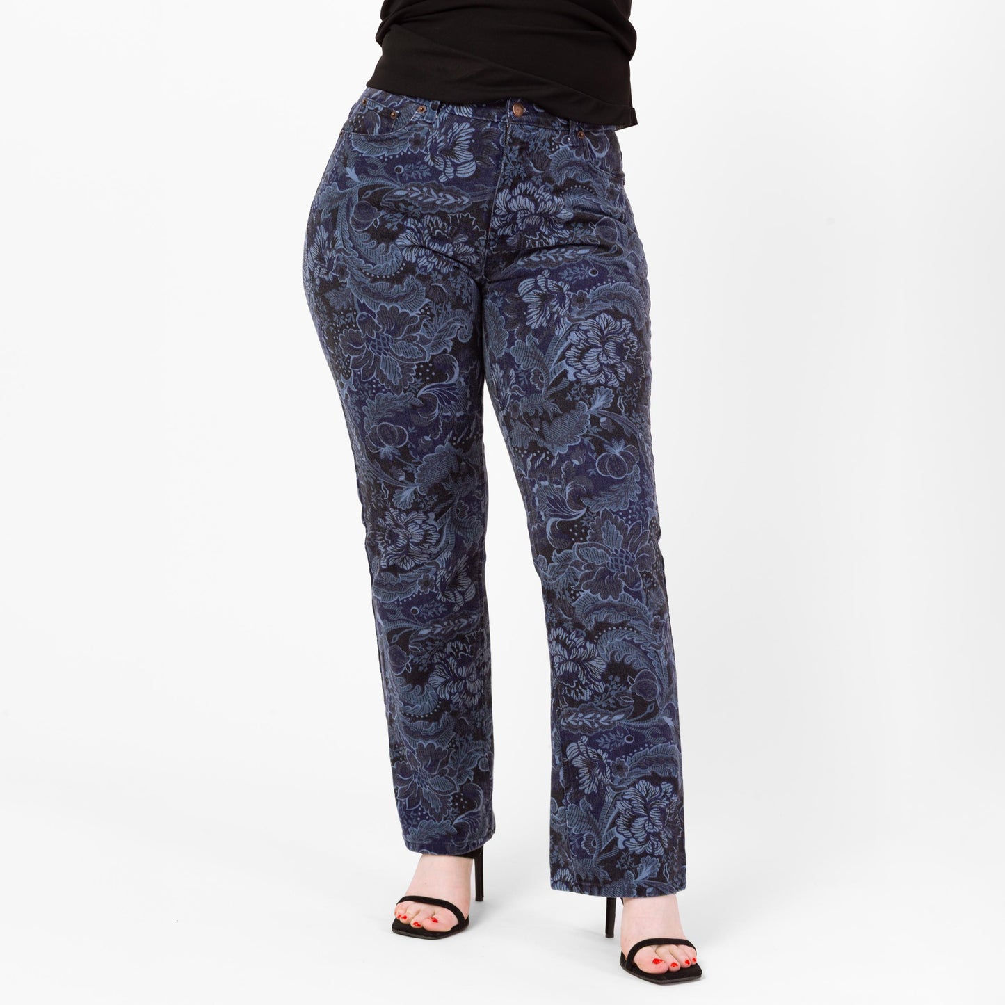 Vintage 90s Blue Baroque Floral Bootcut Jeans - Medium, 32" Waist | Mid Rise Navy Blue Denim Mom Jeans