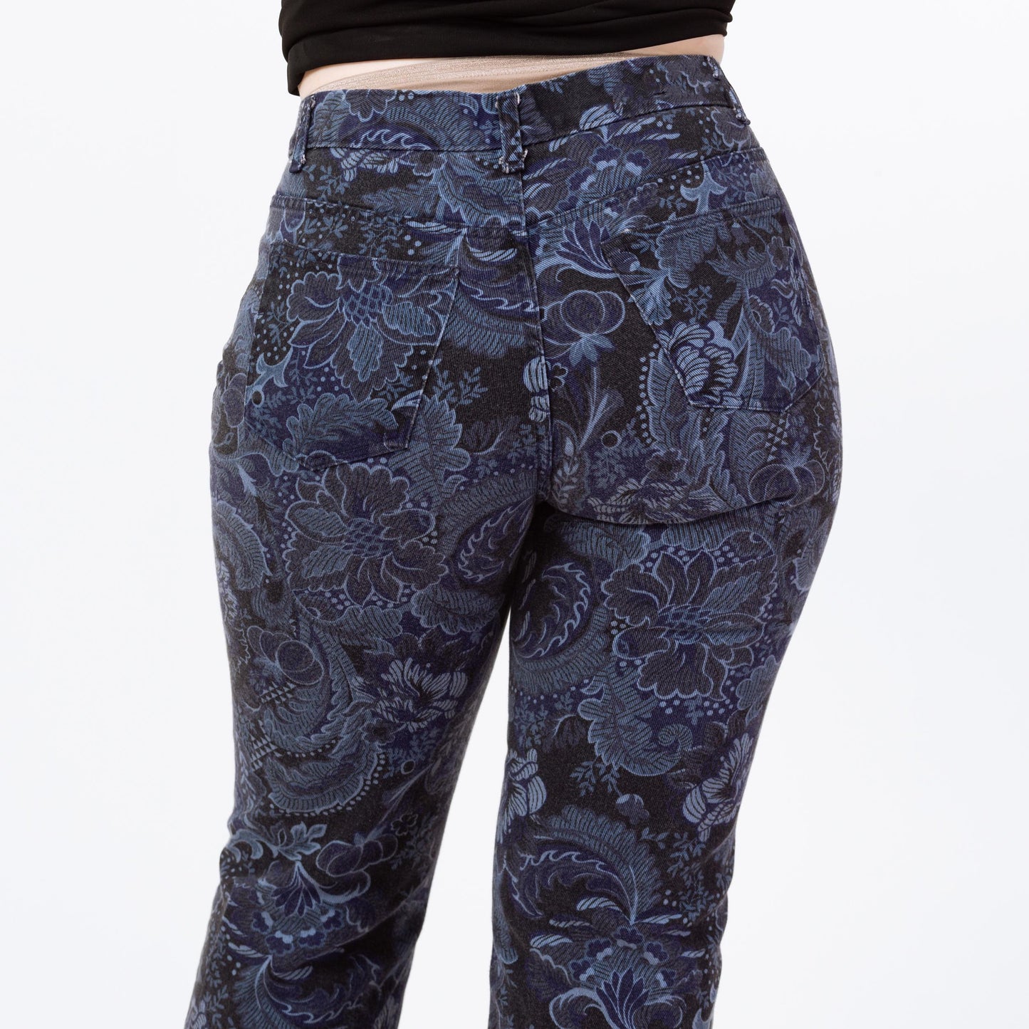 Vintage 90s Blue Baroque Floral Bootcut Jeans - Medium, 32" Waist | Mid Rise Navy Blue Denim Mom Jeans
