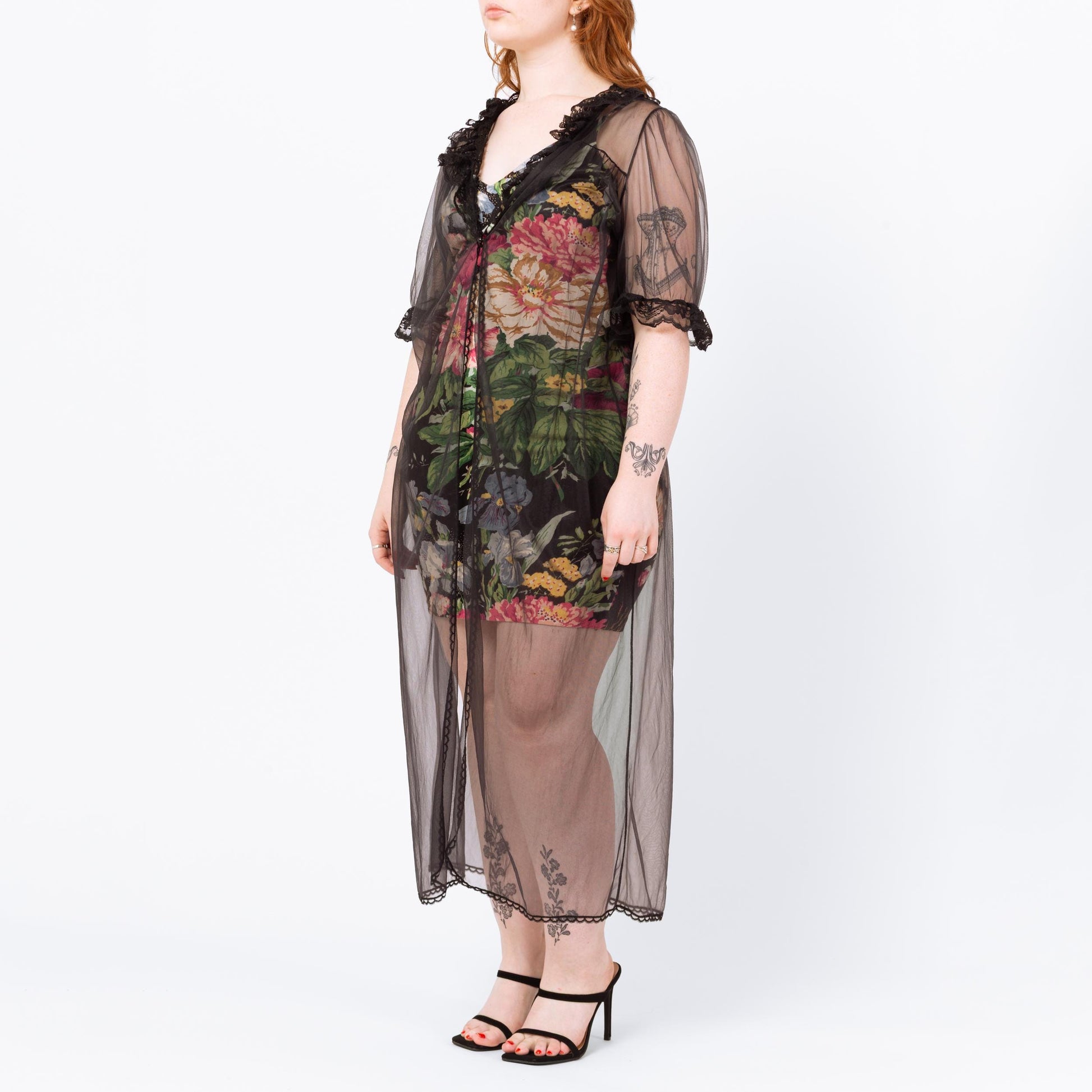 Vintage 70s Sheer Black Peignoir Robe - Medium | Gothic Lace Trim Maxi Negligee Dressing Gown