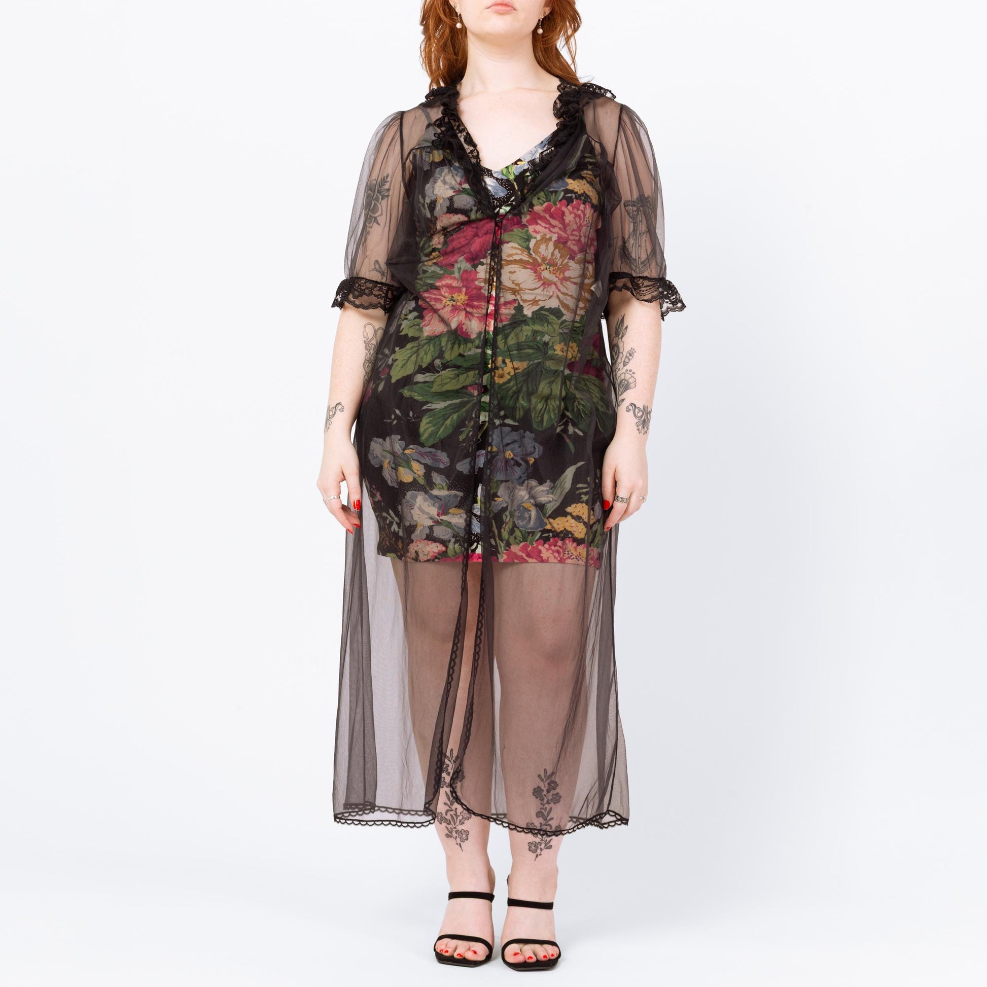 Vintage 70s Sheer Black Peignoir Robe - Medium | Gothic Lace Trim Maxi Negligee Dressing Gown