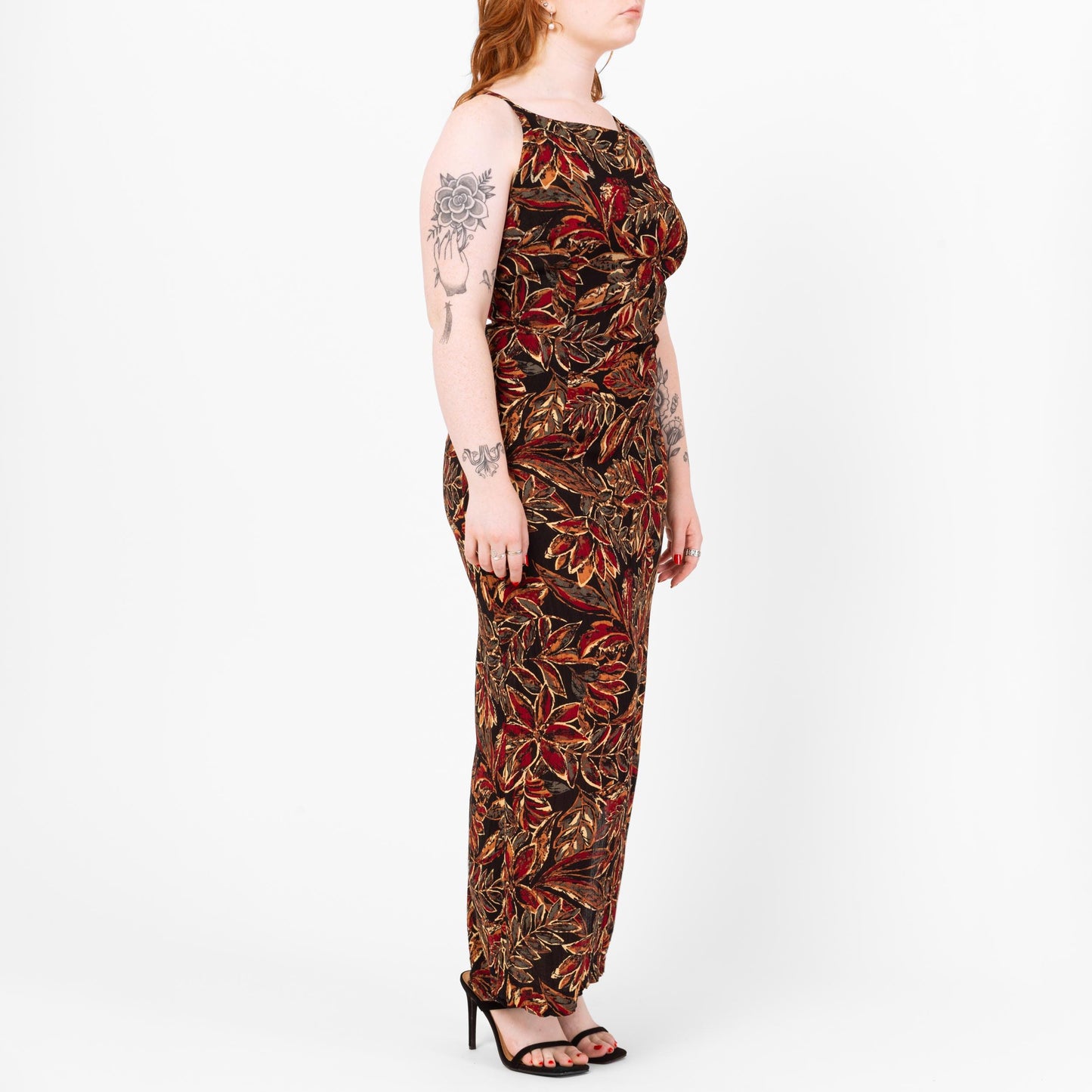 Vintage 90s Boho Black Tropical Floral Maxi Dress - Large | Batik Print Spaghetti Strap Summer Sundress