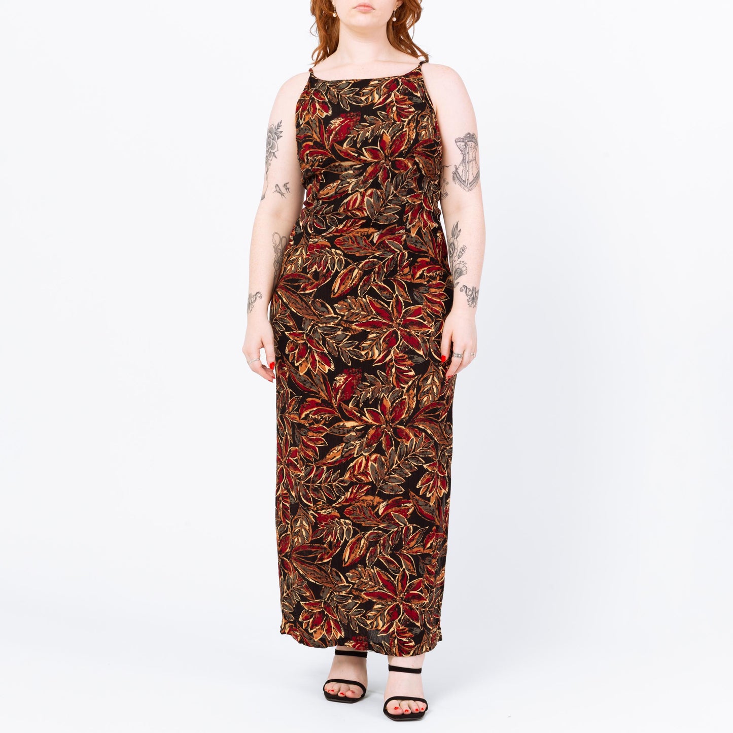 Vintage 90s Boho Black Tropical Floral Maxi Dress - Large | Batik Print Spaghetti Strap Summer Sundress