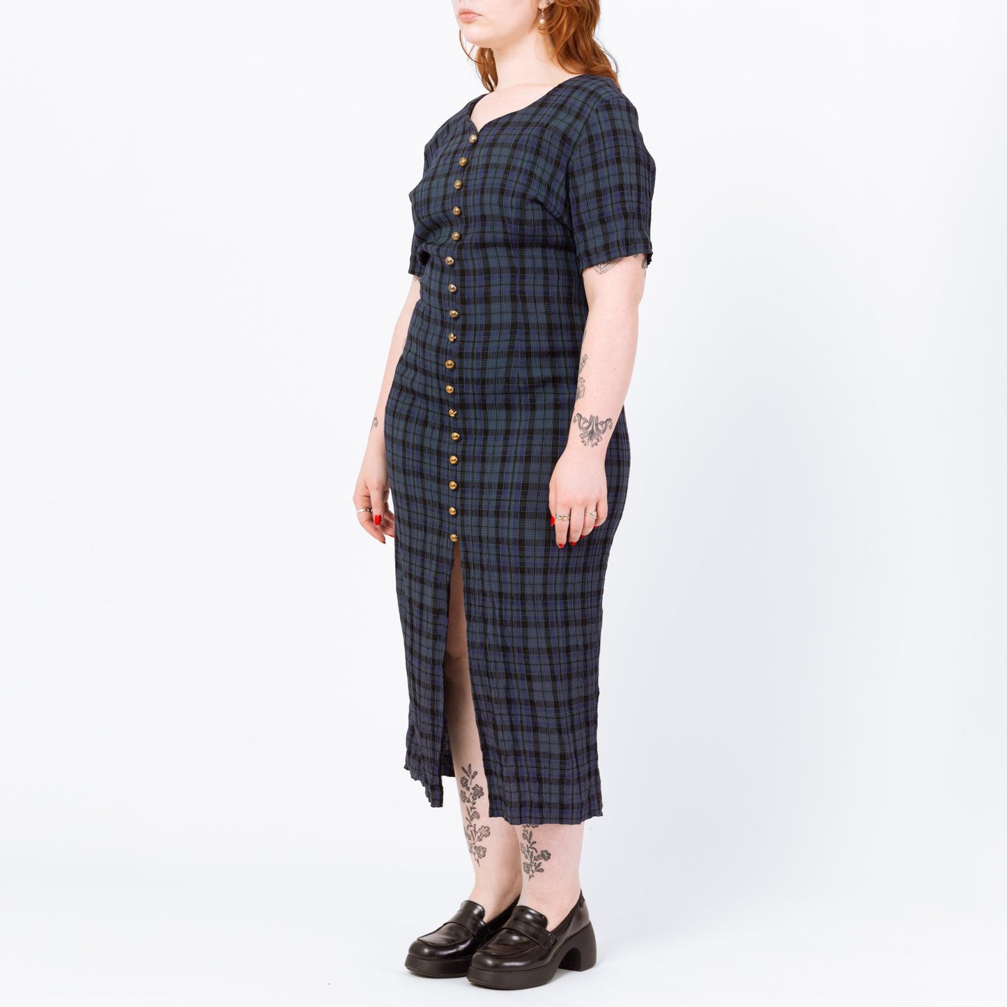Vintage 90s Midnight Blue Plaid Maxi Dress - Large | Grunge Dark Academia Button Front High Slit Tie Back Dress