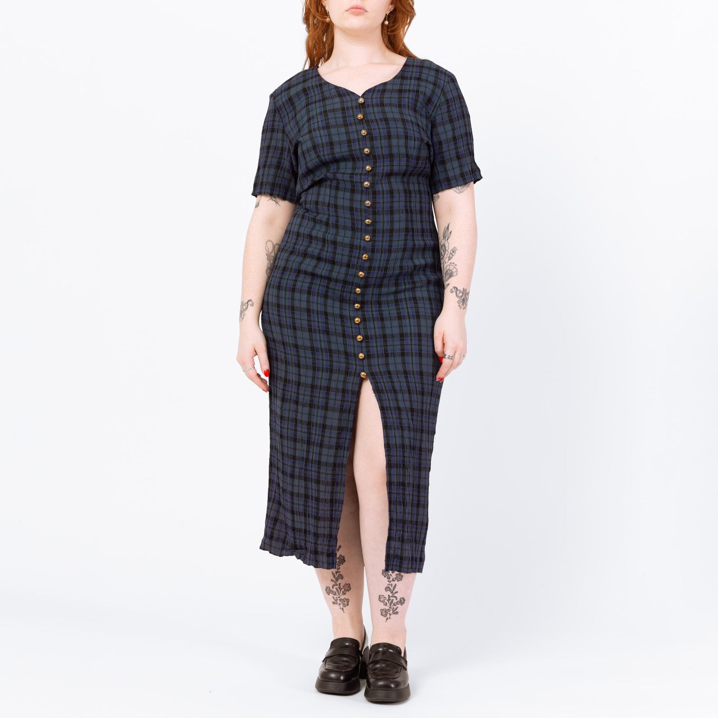 Vintage 90s Midnight Blue Plaid Maxi Dress - Large | Grunge Dark Academia Button Front High Slit Tie Back Dress