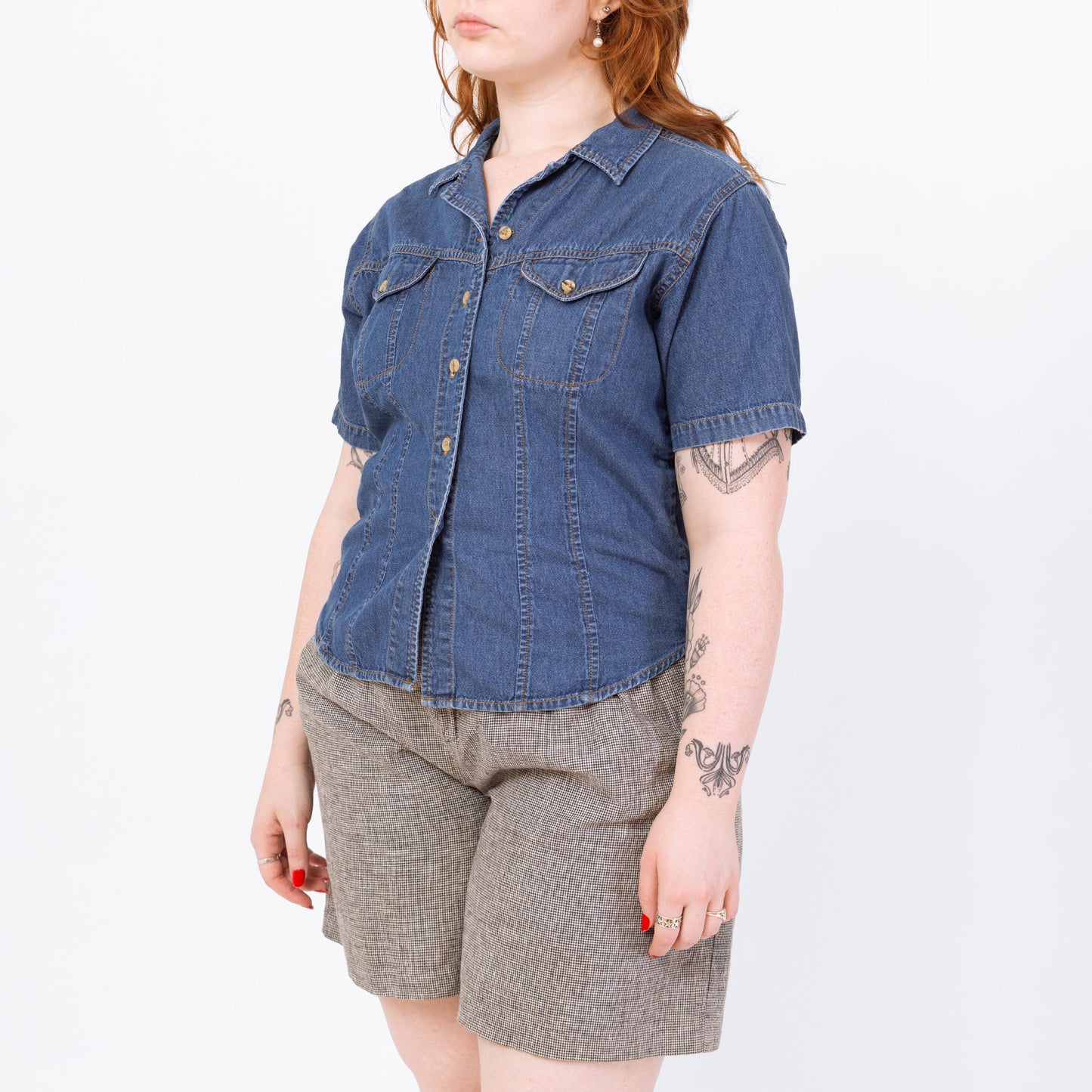 Vintage 90s Short Sleeve Chambray Shirt - Medium | Cropped Button Up Denim Top