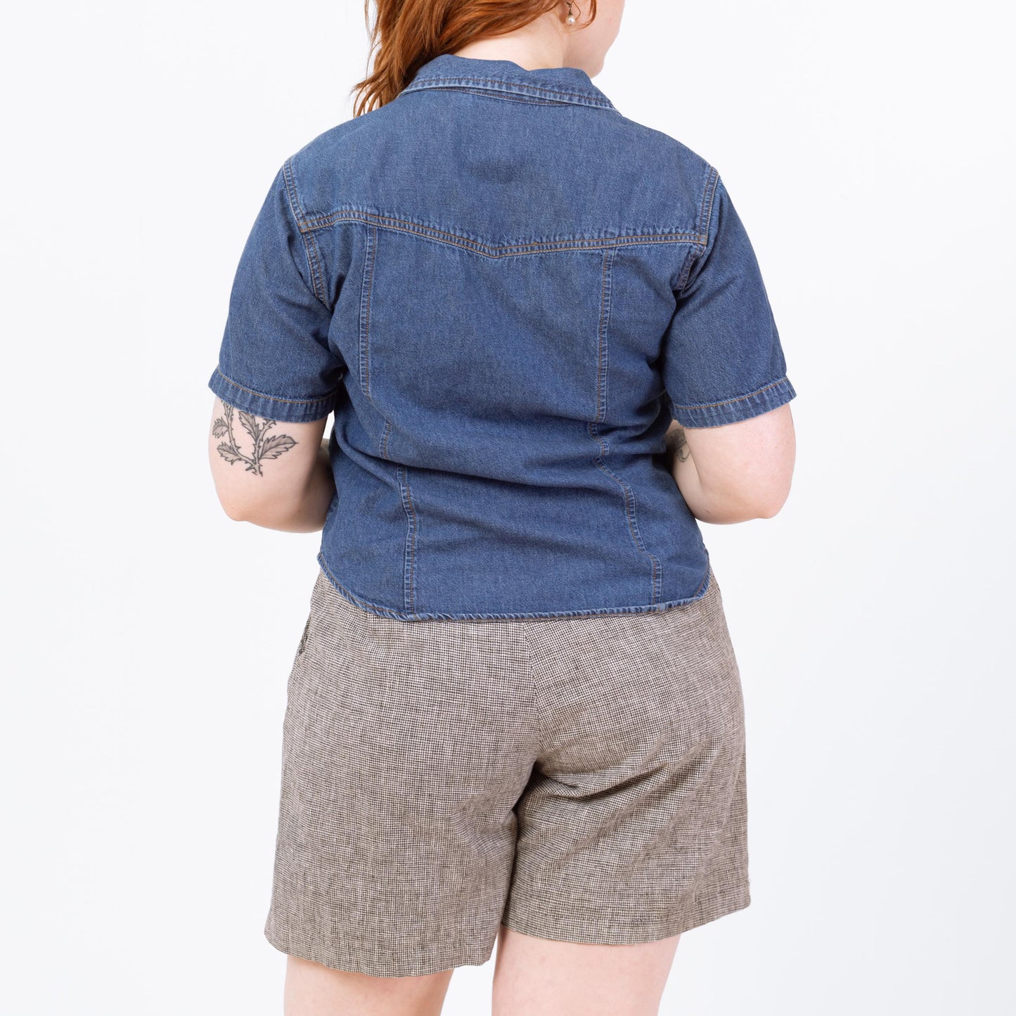 Vintage 90s Short Sleeve Chambray Shirt - Medium | Cropped Button Up Denim Top