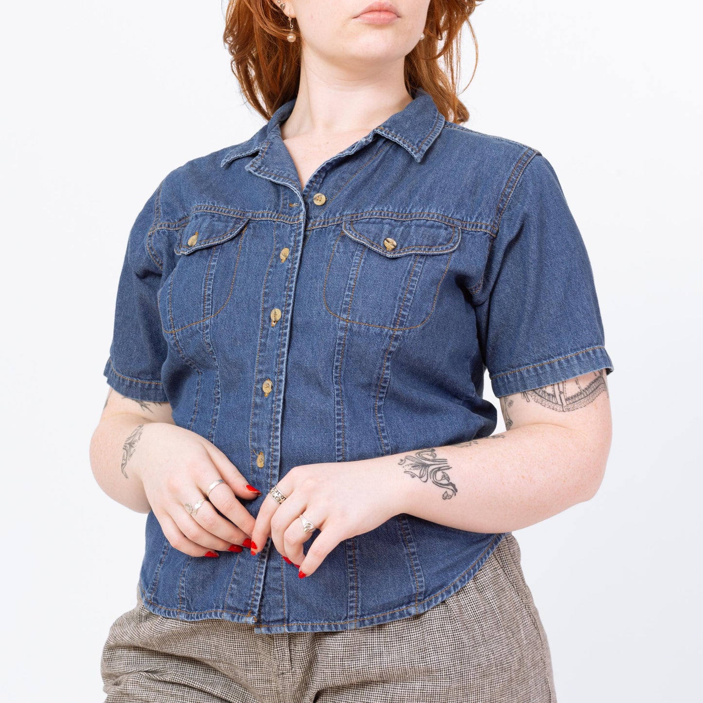 Vintage 90s Short Sleeve Chambray Shirt - Medium | Cropped Button Up Denim Top