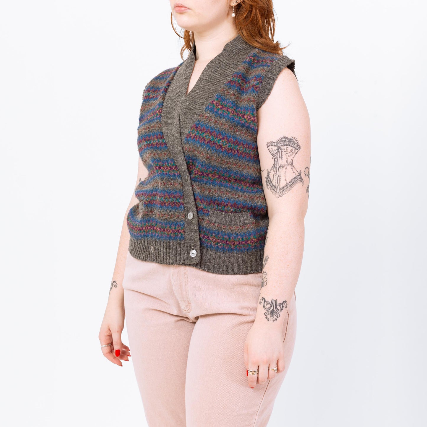 Vintage 80s Grey Striped Sweater Vest - Medium | Preppy Knit Vest, Dark Academia Sleeveless Cardigan, Cottagecore Sweater