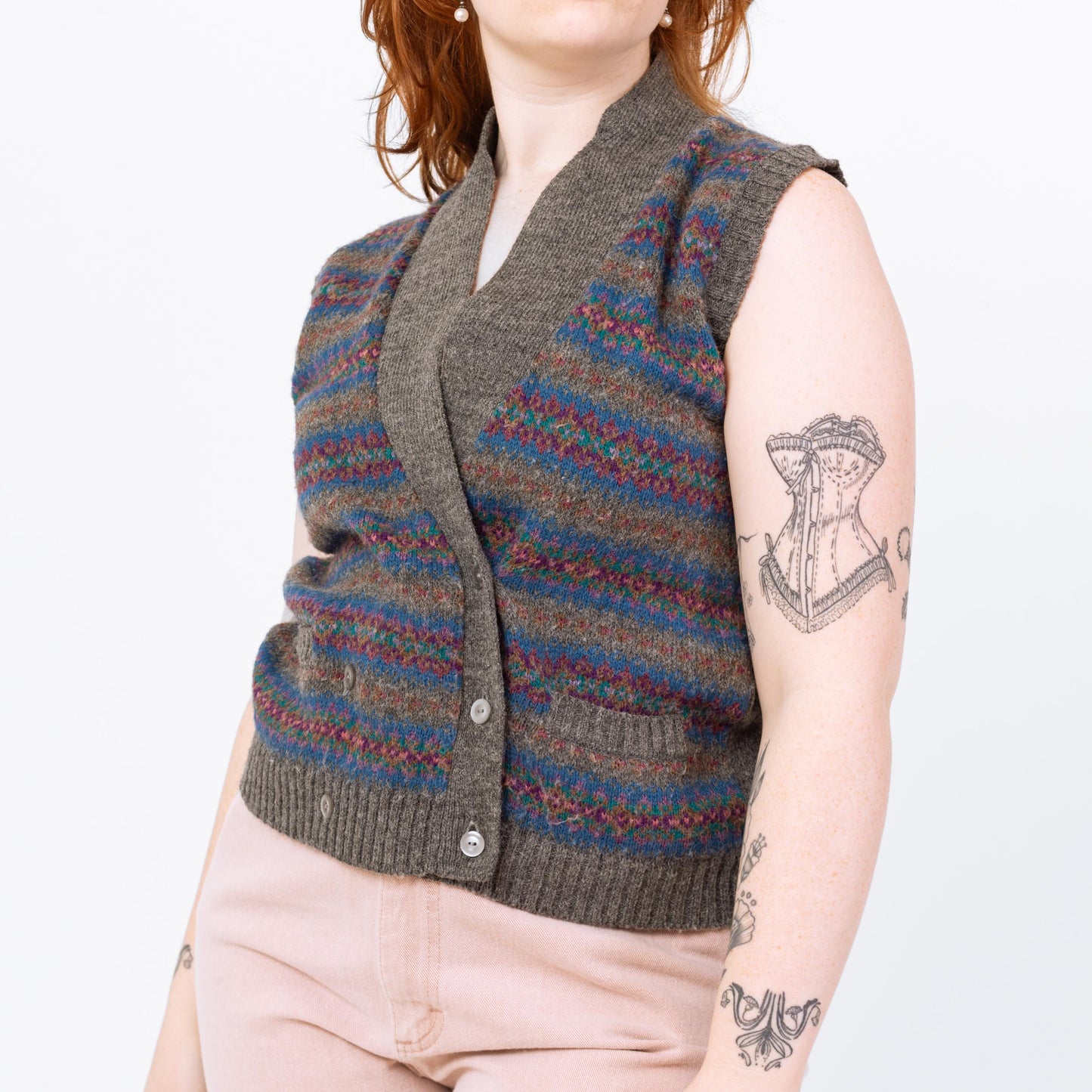 Vintage 80s Grey Striped Sweater Vest - Medium | Preppy Knit Vest, Dark Academia Sleeveless Cardigan, Cottagecore Sweater