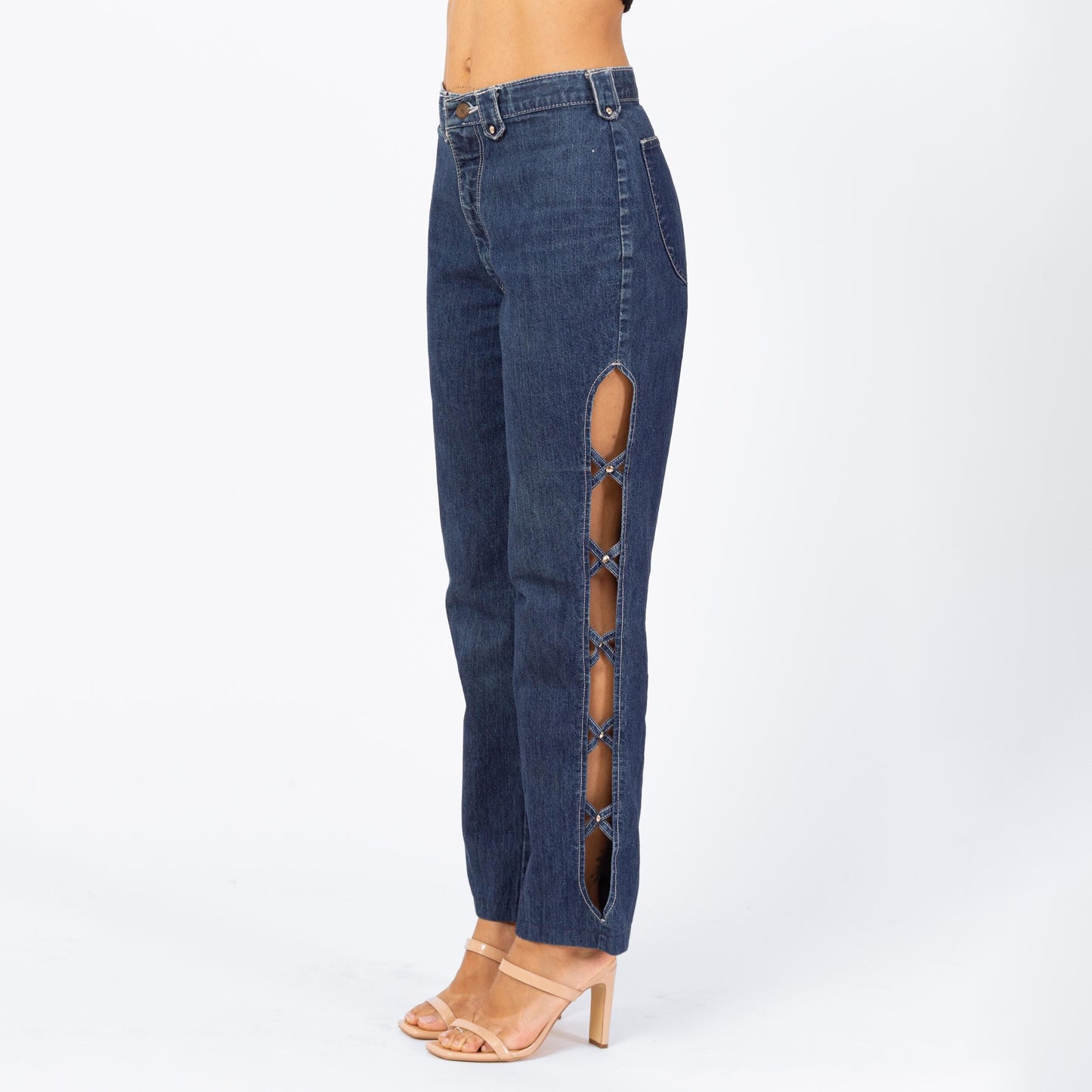 Vintage 80s High Waisted Cutout Jeans - Small, 27" Waist | Frederick's Of Hollywood Dark Wash Denim Straight Leg Rocker Jeans