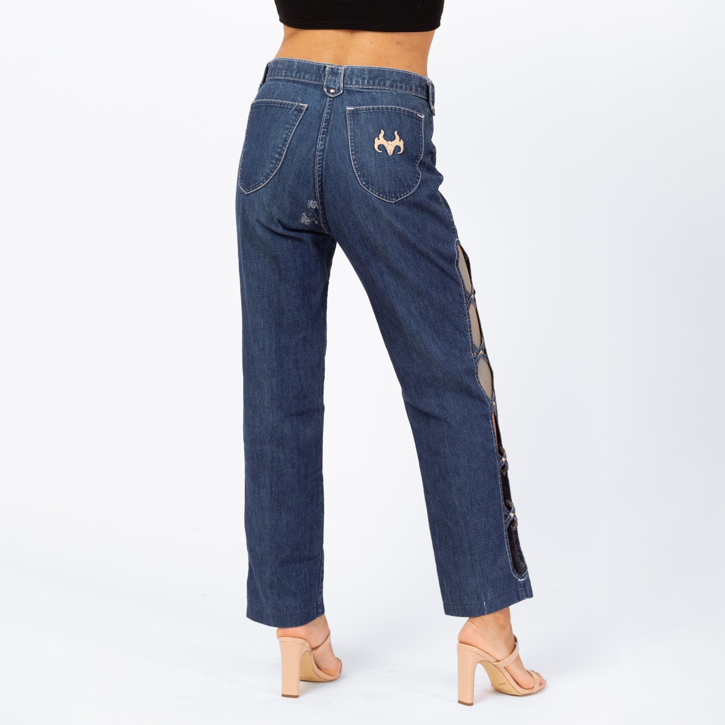 Vintage 80s High Waisted Cutout Jeans - Small, 27" Waist | Frederick's Of Hollywood Dark Wash Denim Straight Leg Rocker Jeans