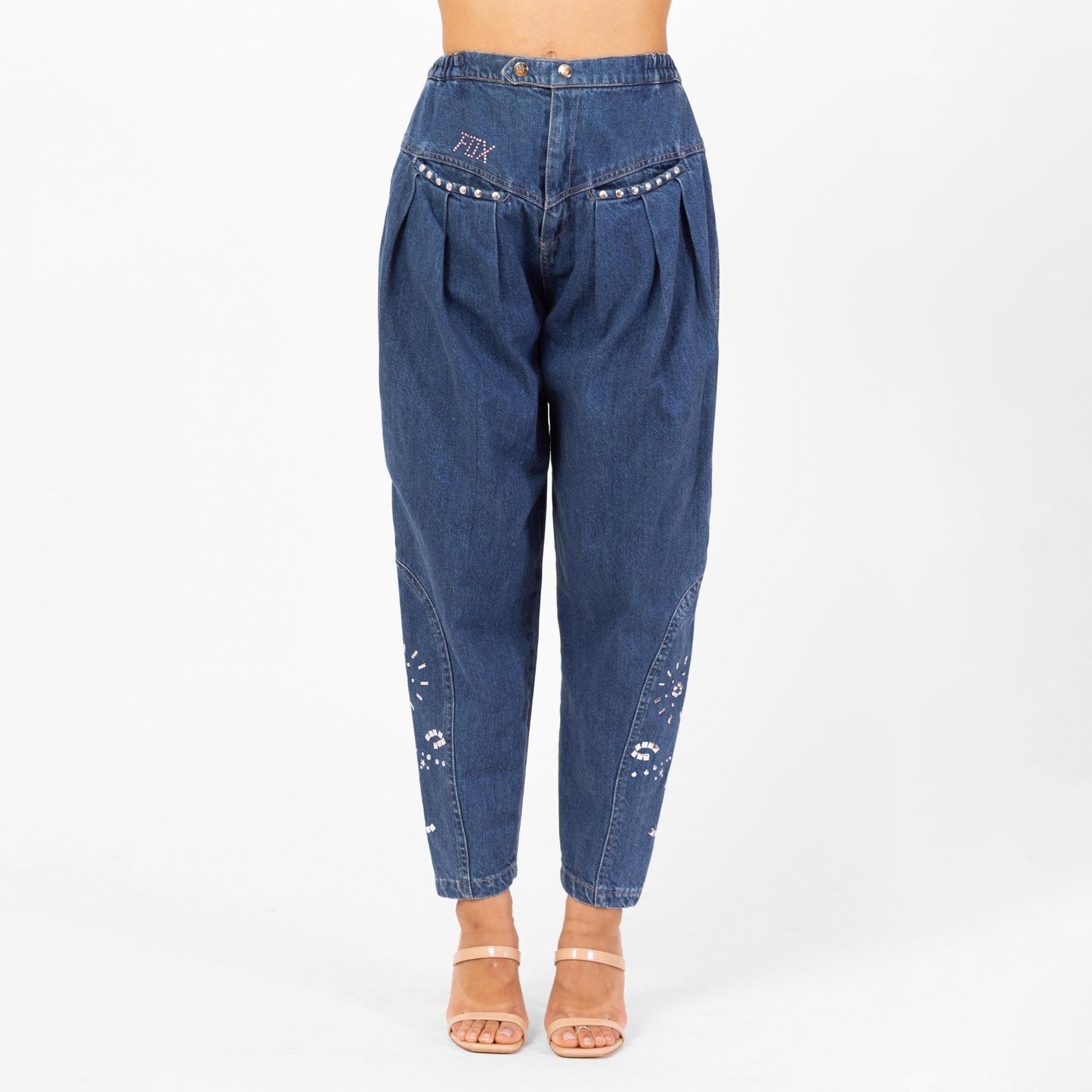 Vintage 80s Studded Fox Balloon Jeans - Extra Small, 22"-25" Waist | Streetwear Denim High Waisted Tapered Leg Baggy Barrel Jeans