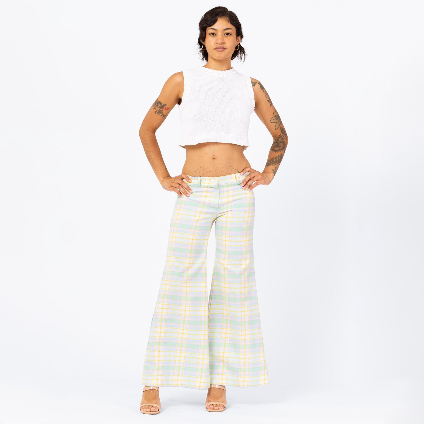Vintage 70s Pastel Plaid Bell Bottoms - Small | Low Rise Retro Flares Yellow Green Hippie Trousers