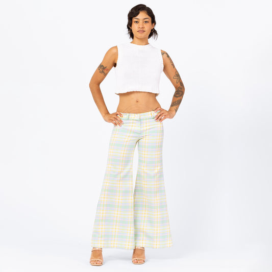 Vintage 70s Pastel Plaid Bell Bottoms - Small | Low Rise Retro Flares Yellow Green Hippie Trousers