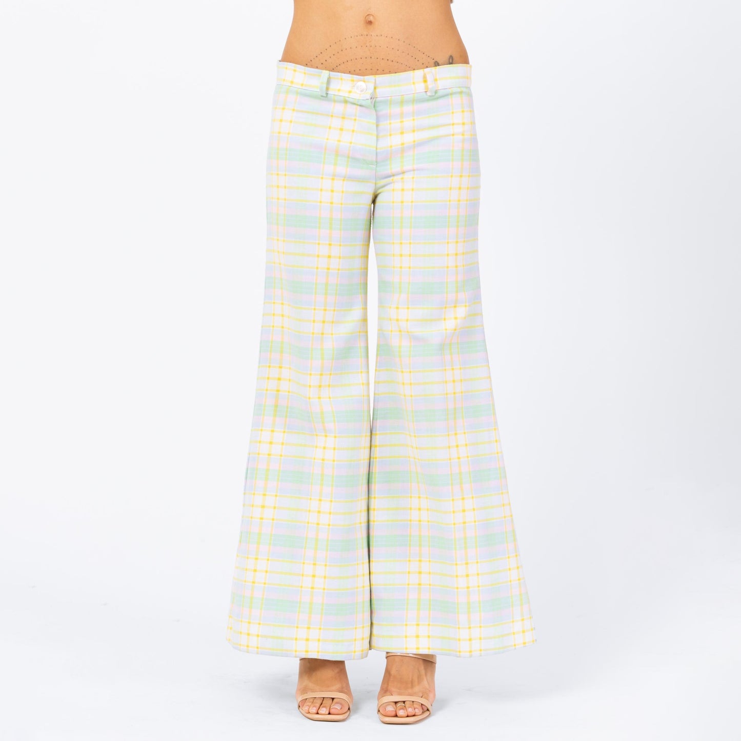 Vintage 70s Pastel Plaid Bell Bottoms - Small | Low Rise Retro Flares Yellow Green Hippie Trousers