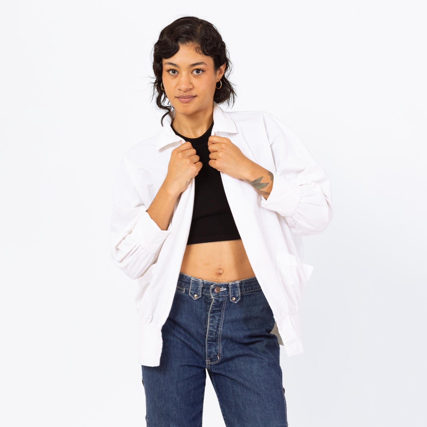 Vintage 90s Minimalist White Cotton Open Fit Jacket - Medium | Lightweight Collared Cuffed Sleeve Blazer
