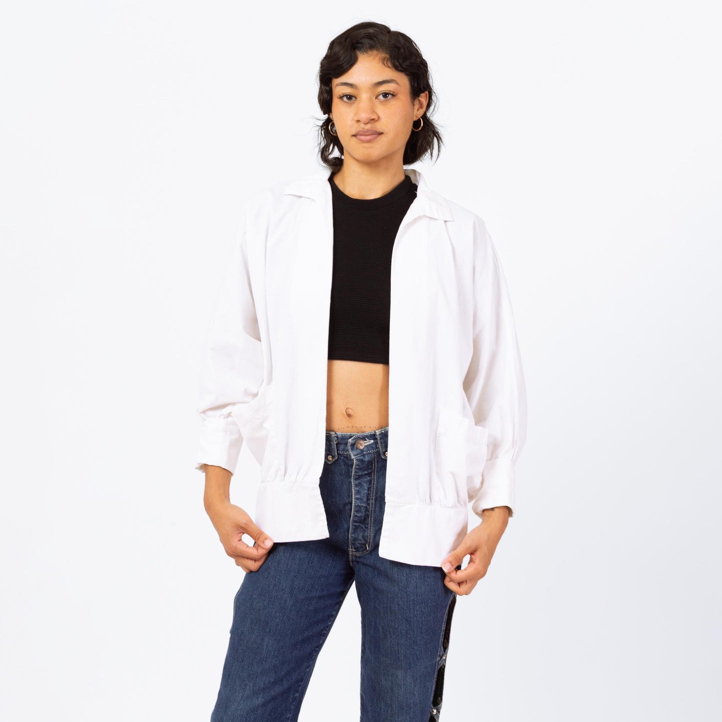 Vintage 90s Minimalist White Cotton Open Fit Jacket - Medium | Lightweight Collared Cuffed Sleeve Blazer