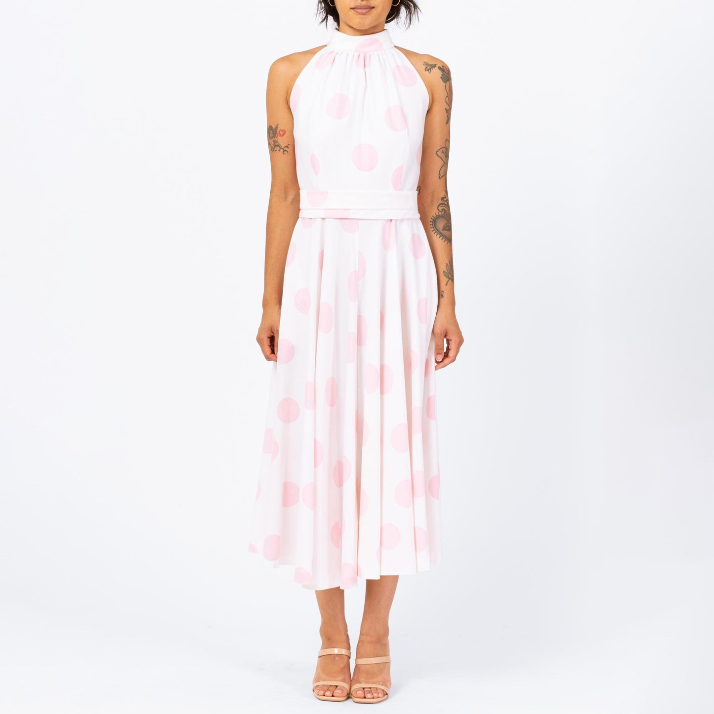 Vintage 70s Lanz White & Pink Polka Dot Maxi Dress - Small | Sleeveless Keyhole Back Belted Halter Pocket Dress