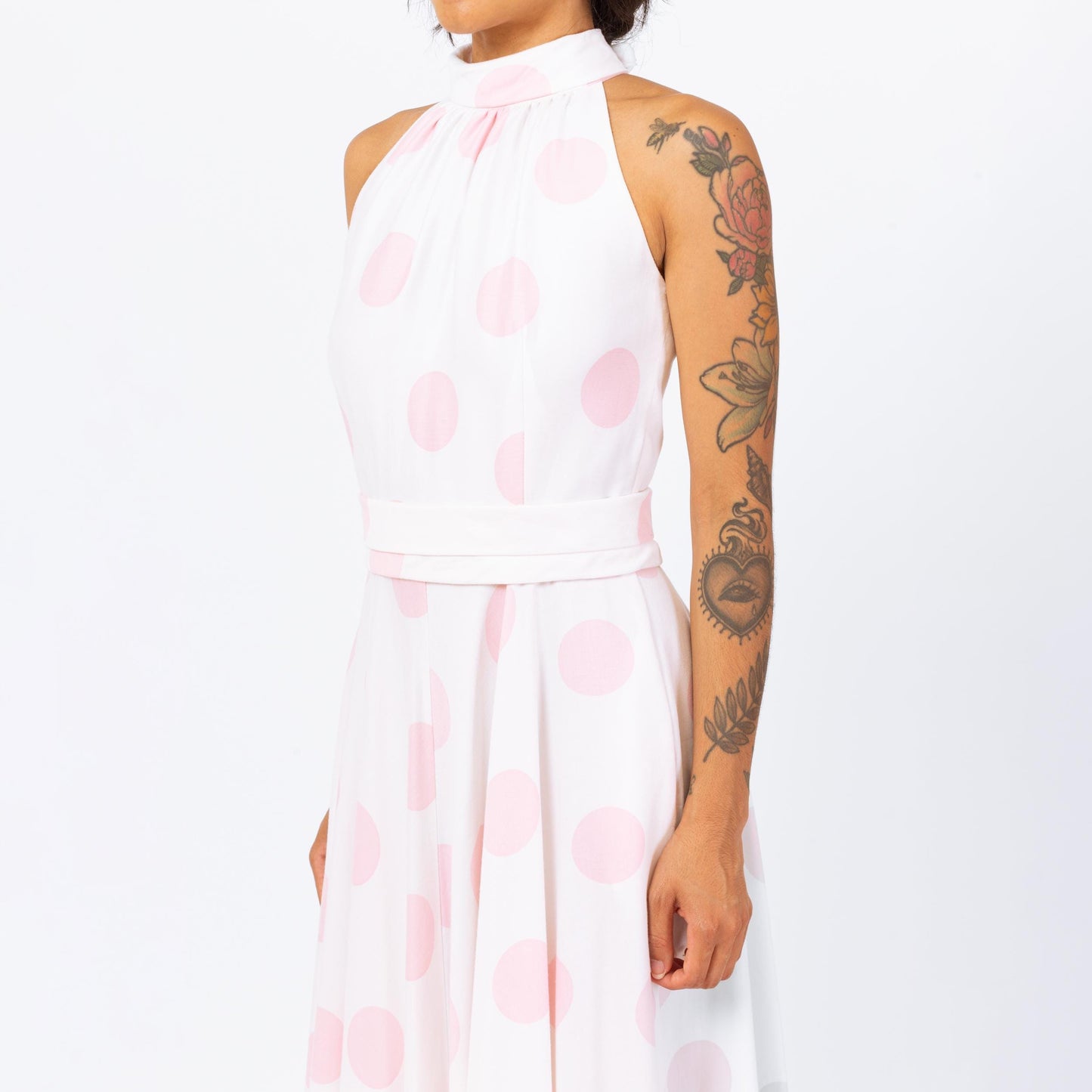 Vintage 70s Lanz White & Pink Polka Dot Maxi Dress - Small | Sleeveless Keyhole Back Belted Halter Pocket Dress