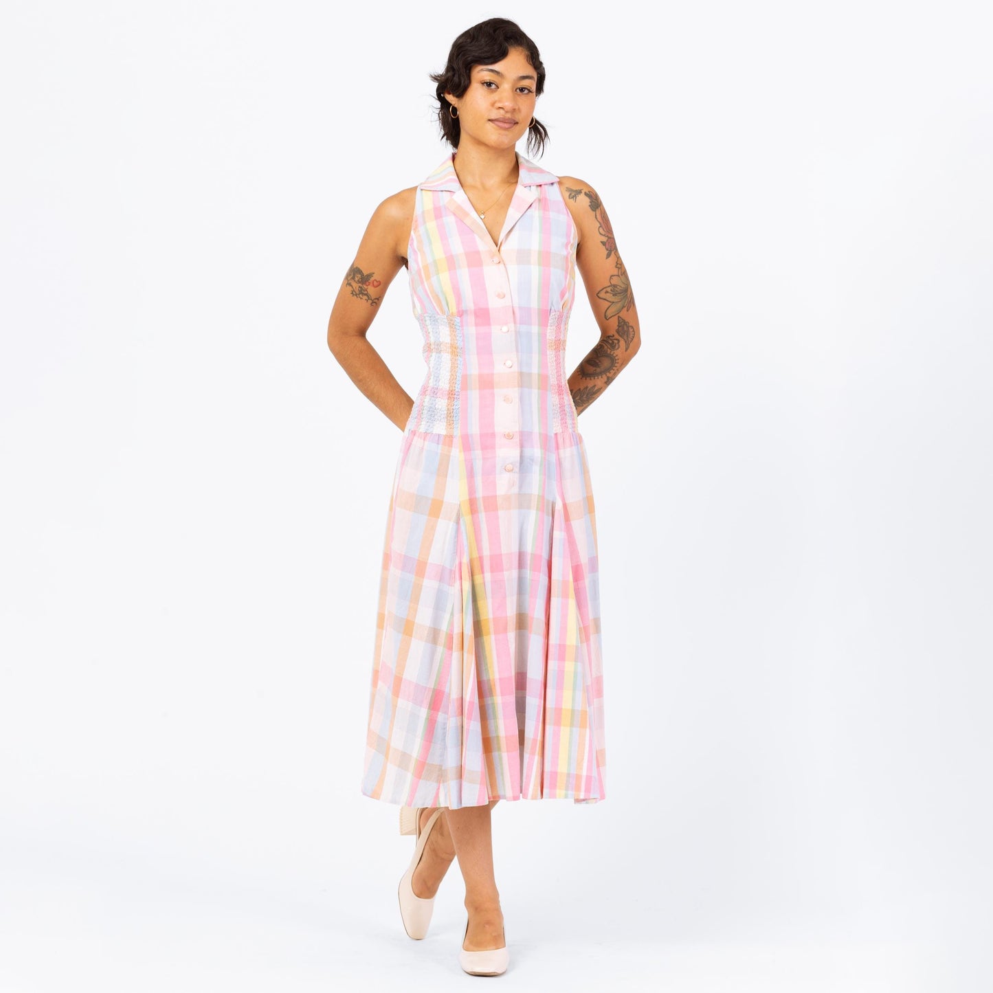 Vintage 1950s Pink Pastel Madras Plaid Shirtdress - Small | Retro 50s Collared Sleeveless Midi Day Dress
