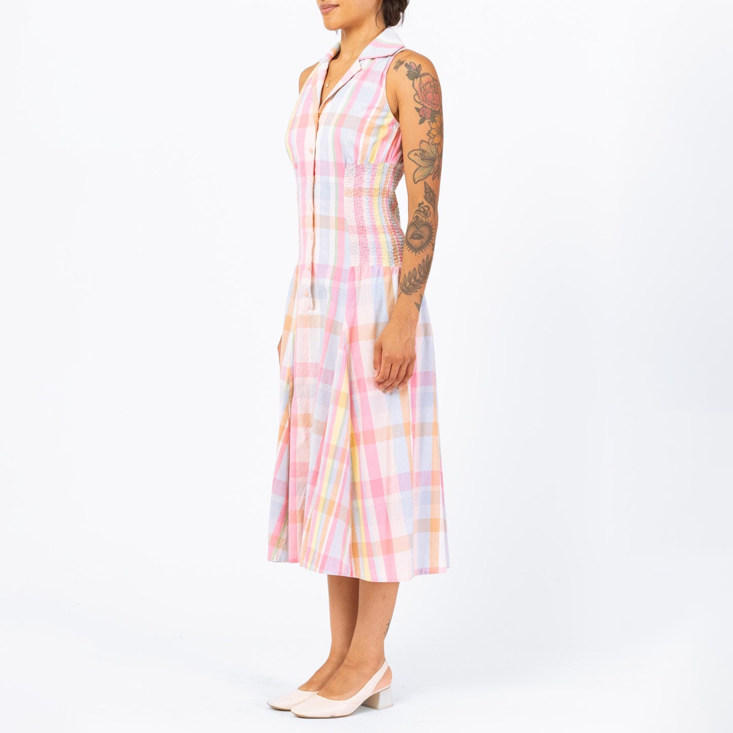 Vintage 1950s Pink Pastel Madras Plaid Shirtdress - Small | Retro 50s Collared Sleeveless Midi Day Dress