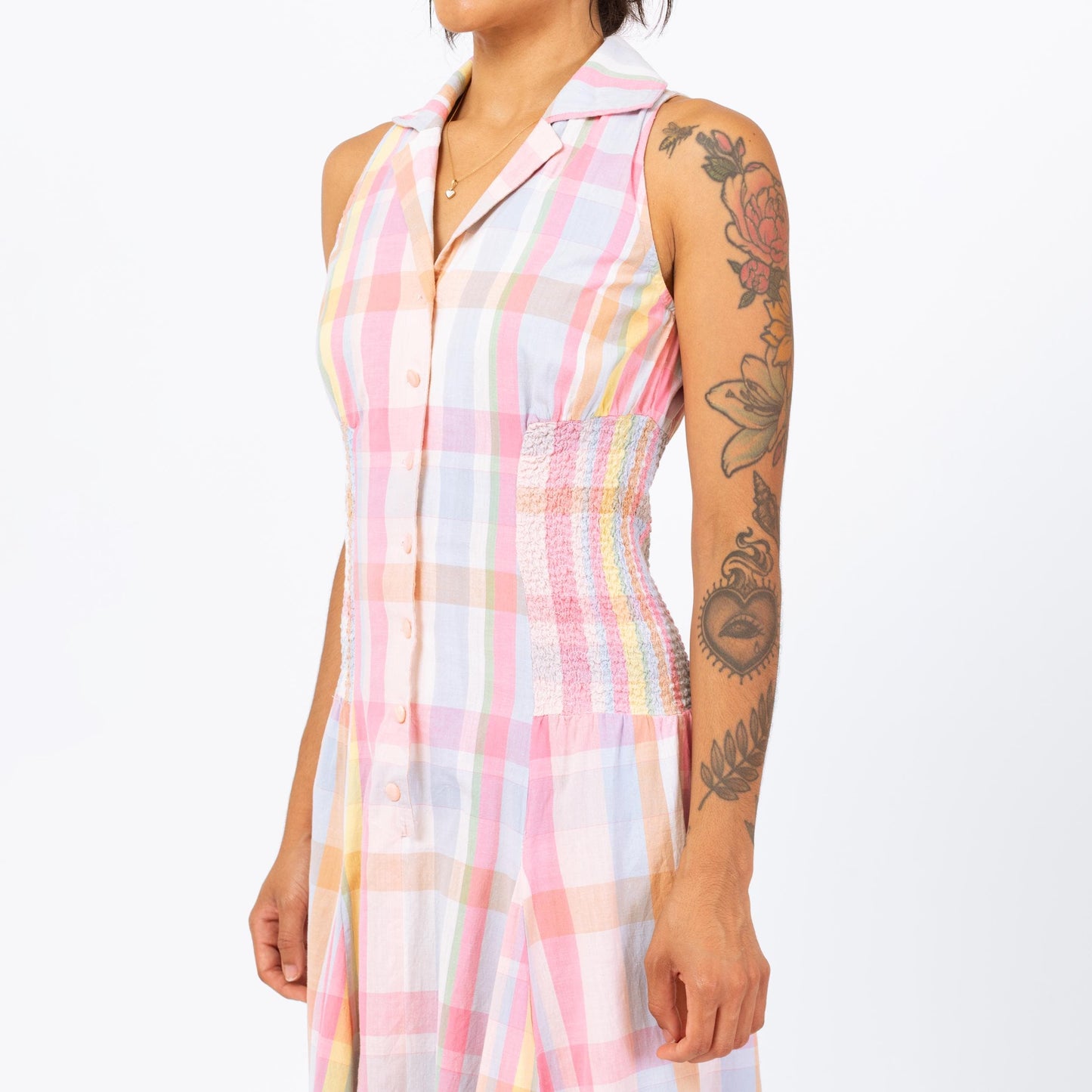 Vintage 1950s Pink Pastel Madras Plaid Shirtdress - Small | Retro 50s Collared Sleeveless Midi Day Dress