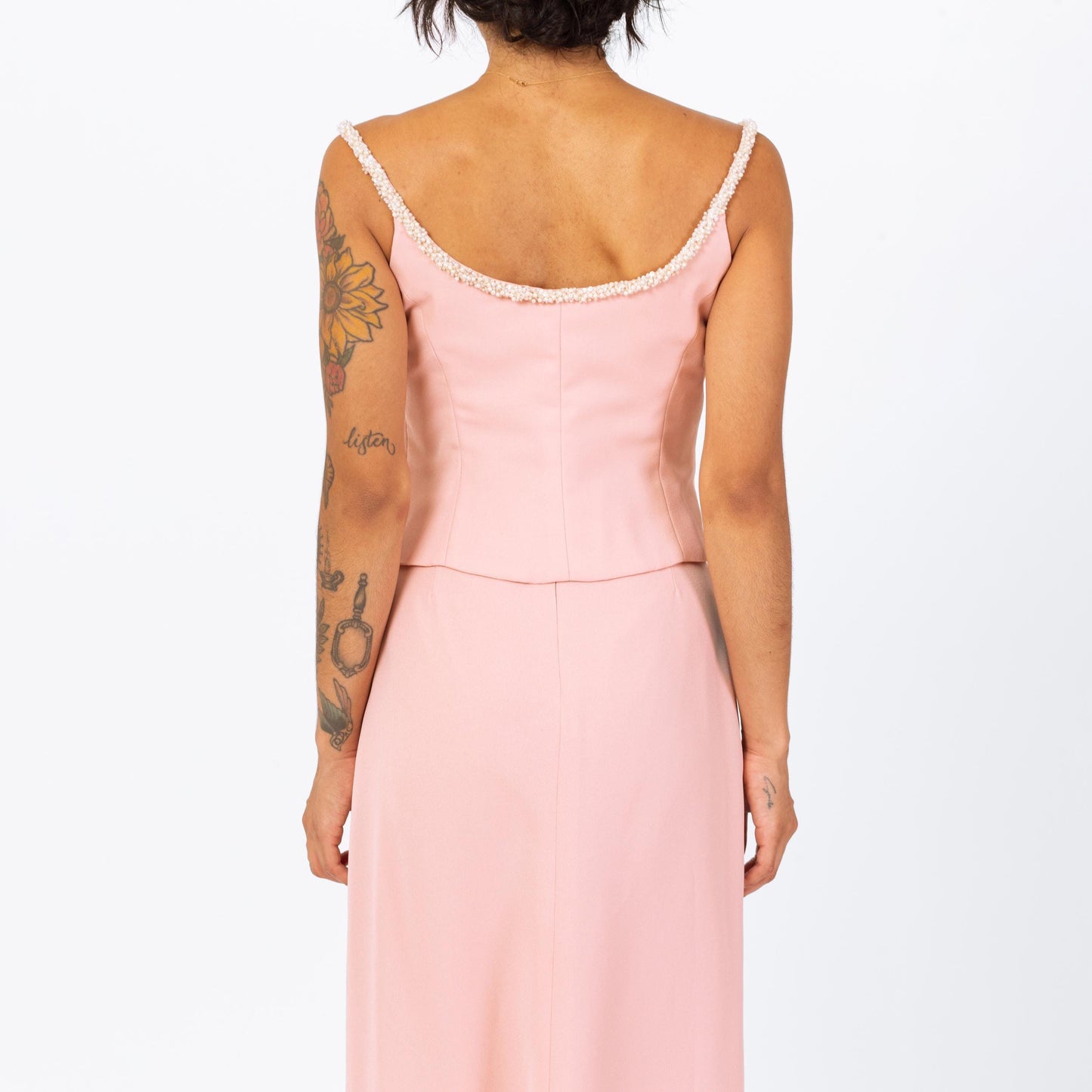 Vintage 90s Y2K Blush Pink Formal Maxi Skirt Set - Small | 2000s Sleeveless Beaded Blouse & Skirt Matching Two Piece Evening Gown Outfit