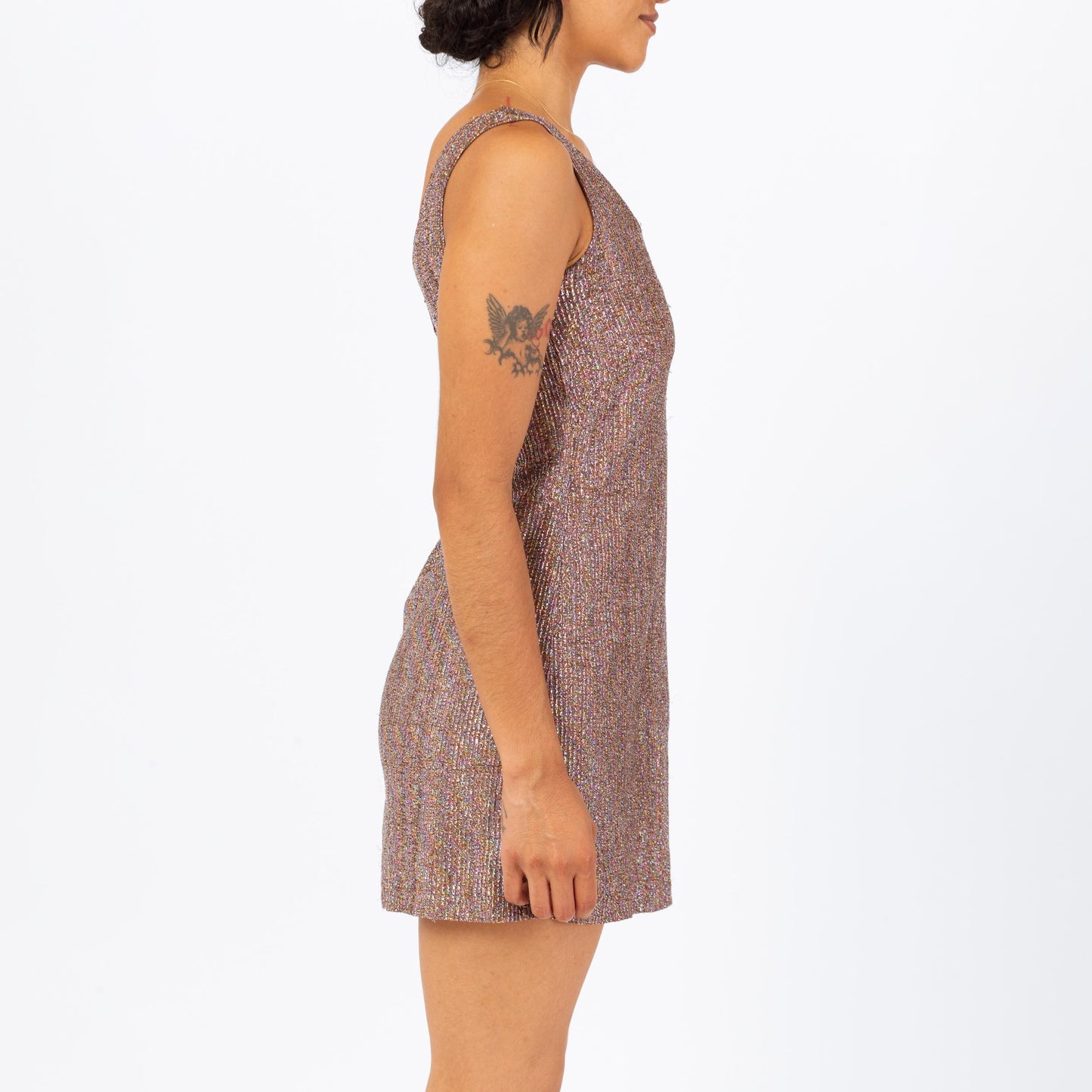 Vintage 70s Metallic Lurex Striped Disco Mini Dress - Petite Small | Orvieto Creations Studio 54 Copper Knit Sleeveless Party Dress