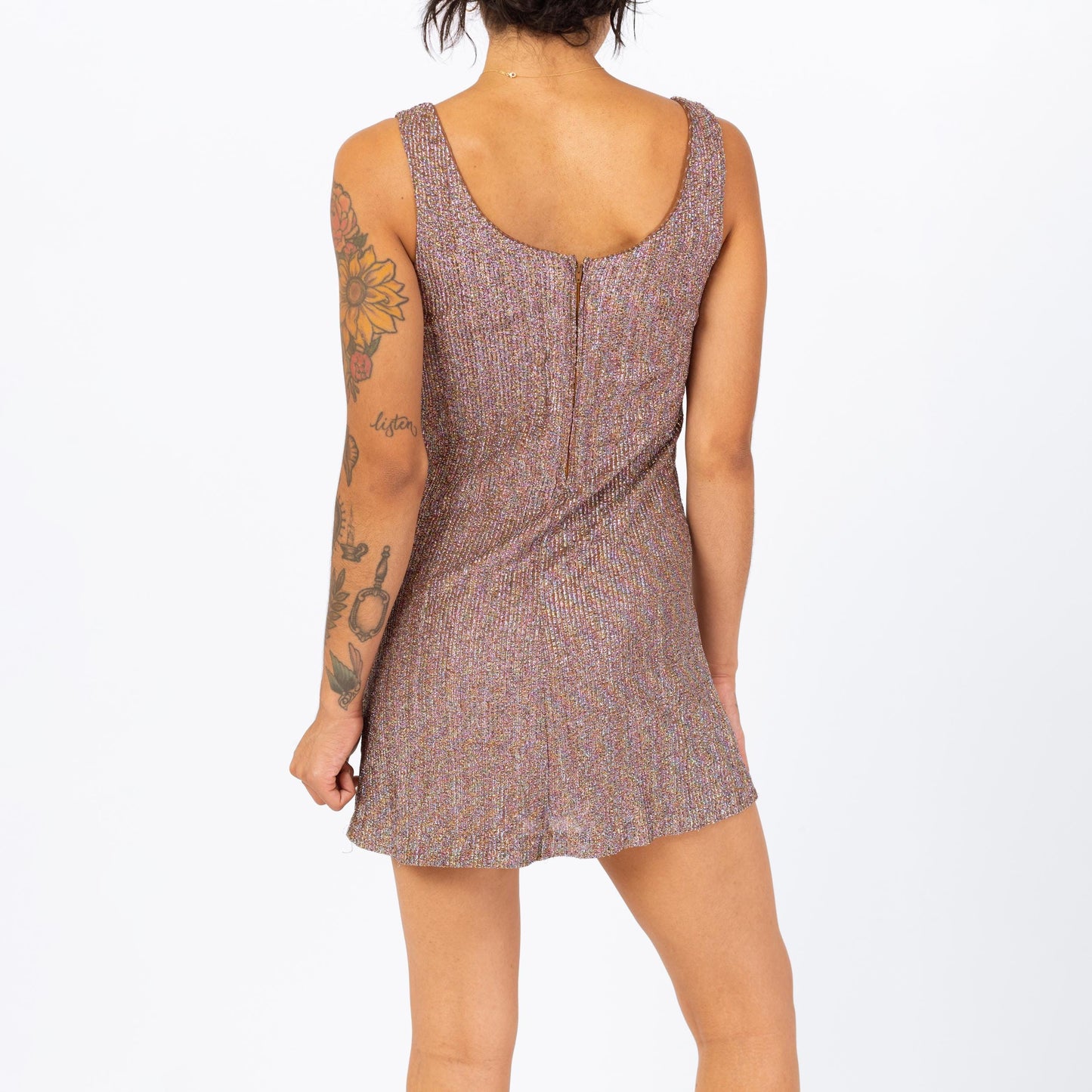 Vintage 70s Metallic Lurex Striped Disco Mini Dress - Petite Small | Orvieto Creations Studio 54 Copper Knit Sleeveless Party Dress