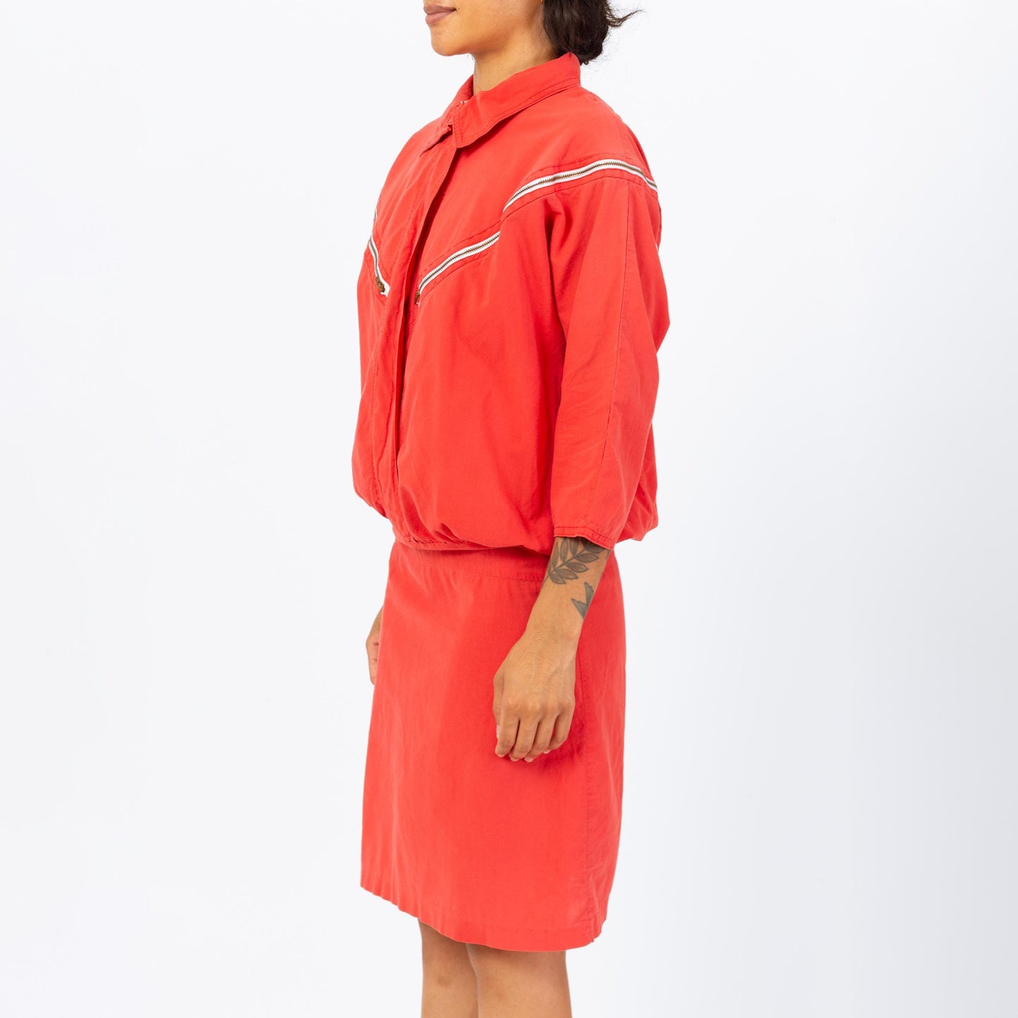 Vintage 80s Coral Red Drop Waist Zipper Dress - Small | 3/4 Sleeve Collared Knee Length Midi Shirtdress