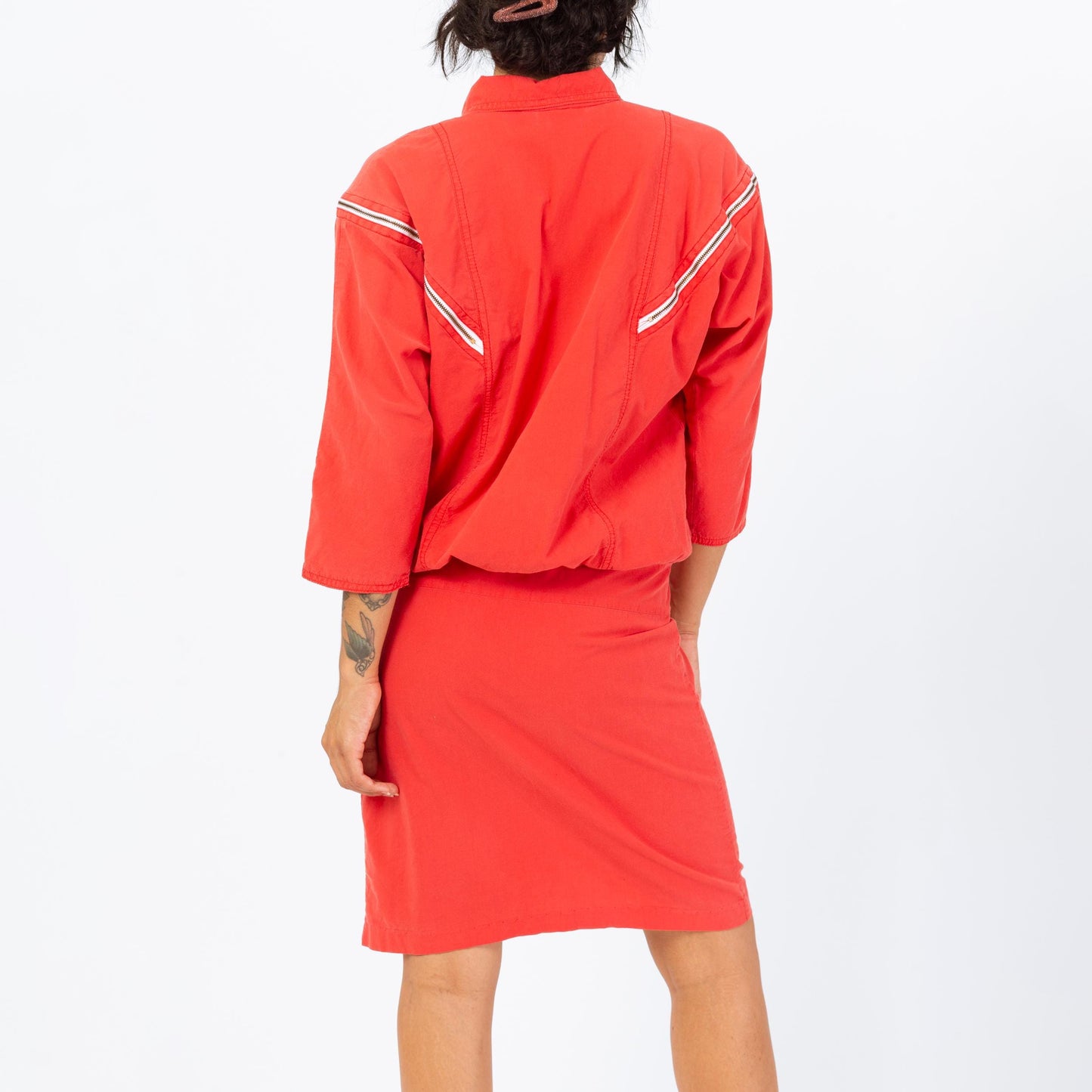 Vintage 80s Coral Red Drop Waist Zipper Dress - Small | 3/4 Sleeve Collared Knee Length Midi Shirtdress