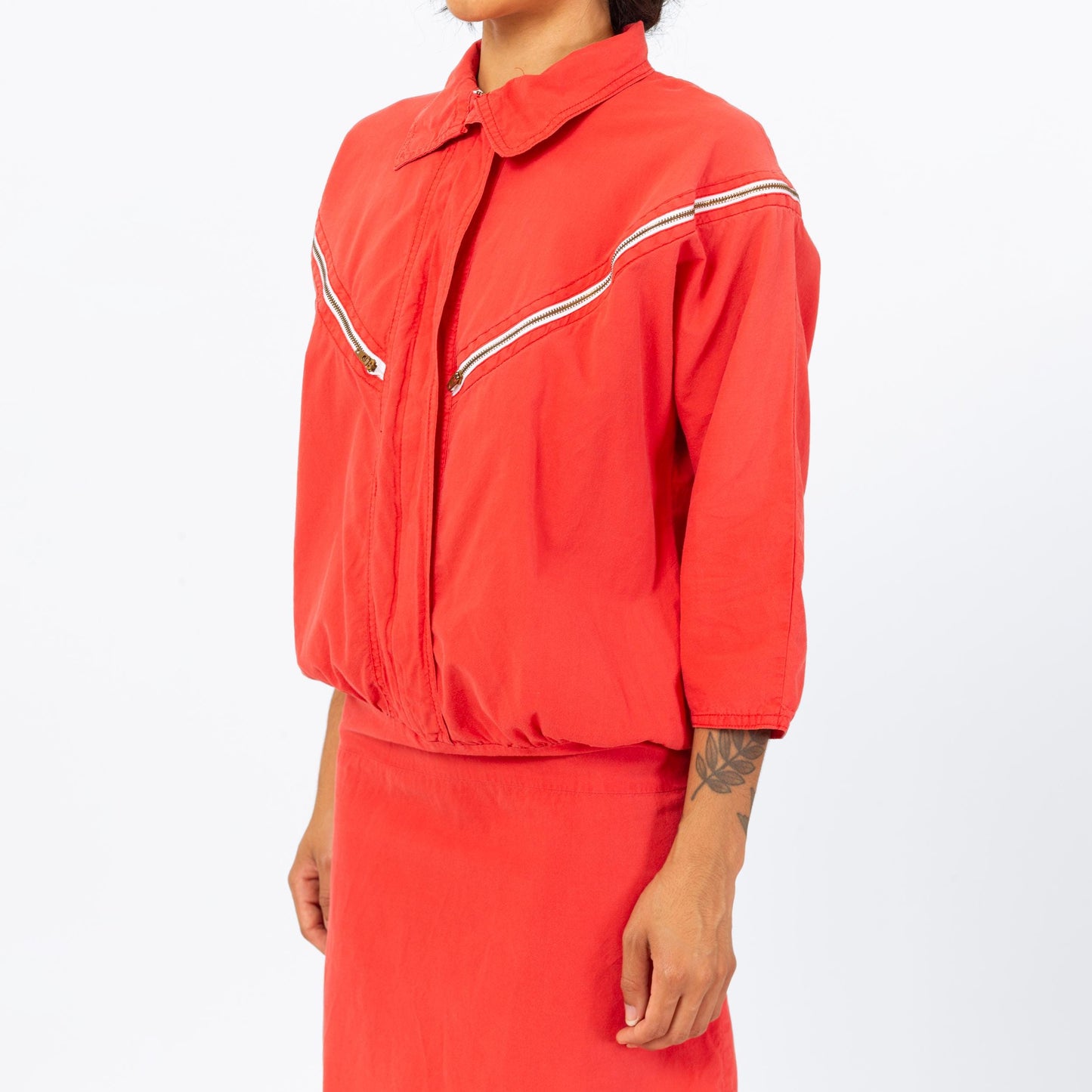 Vintage 80s Coral Red Drop Waist Zipper Dress - Small | 3/4 Sleeve Collared Knee Length Midi Shirtdress