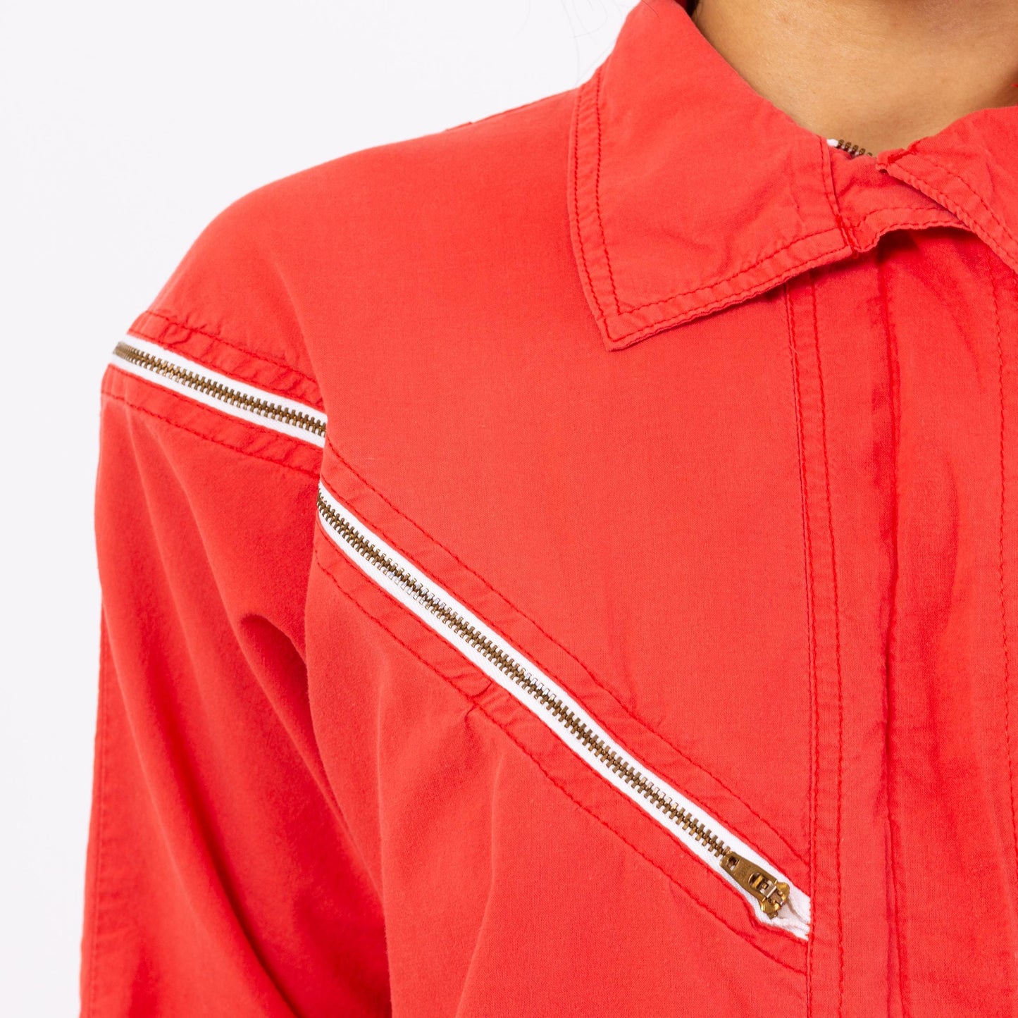 Vintage 80s Coral Red Drop Waist Zipper Dress - Small | 3/4 Sleeve Collared Knee Length Midi Shirtdress