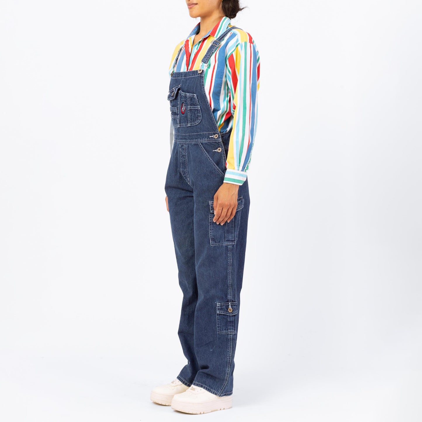 Vintage 90s Dark Wash Denim Cargo Overalls - Small | Women's Blue Jean Bib Overall Pants
