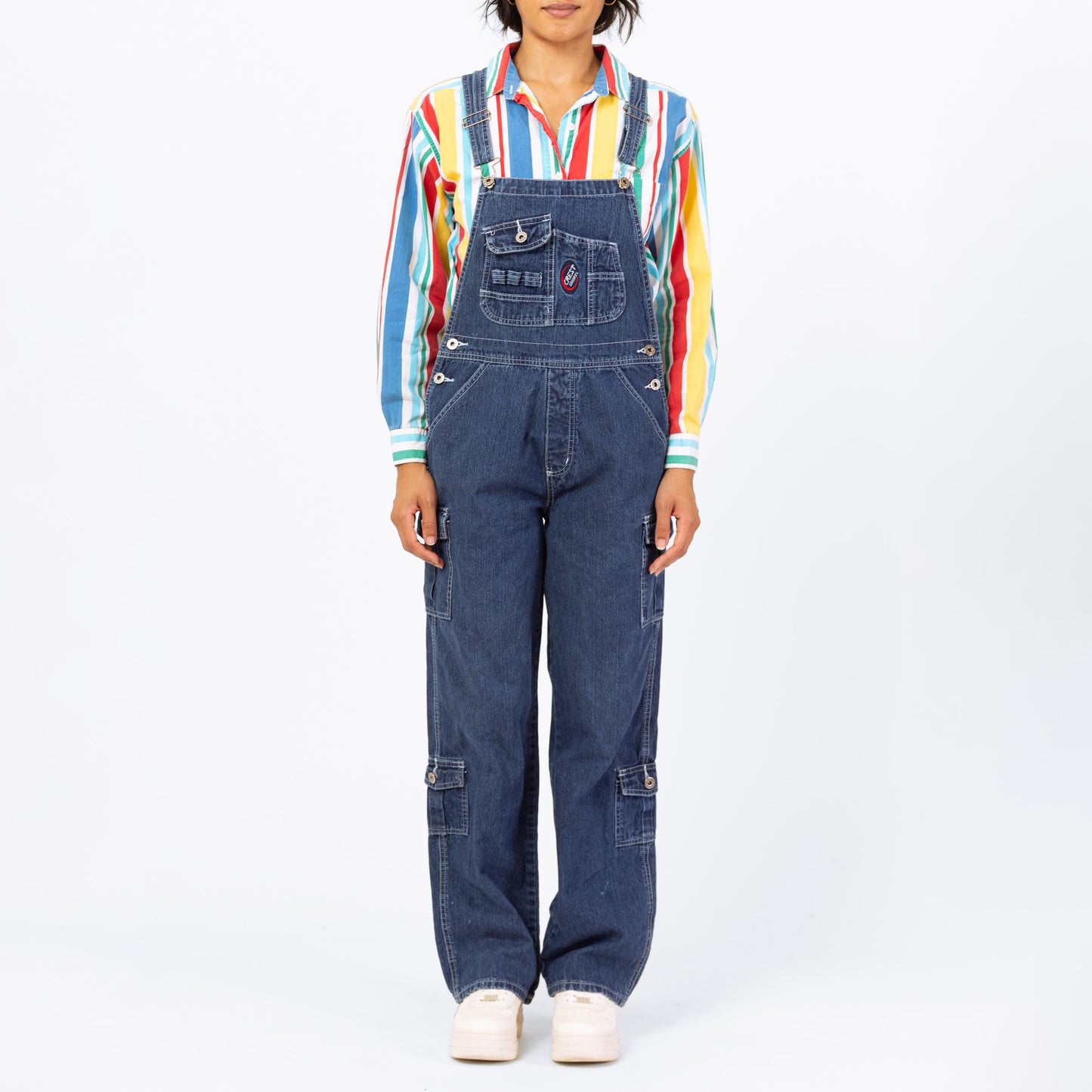 Vintage 90s Dark Wash Denim Cargo Overalls - Small | Women's Blue Jean Bib Overall Pants