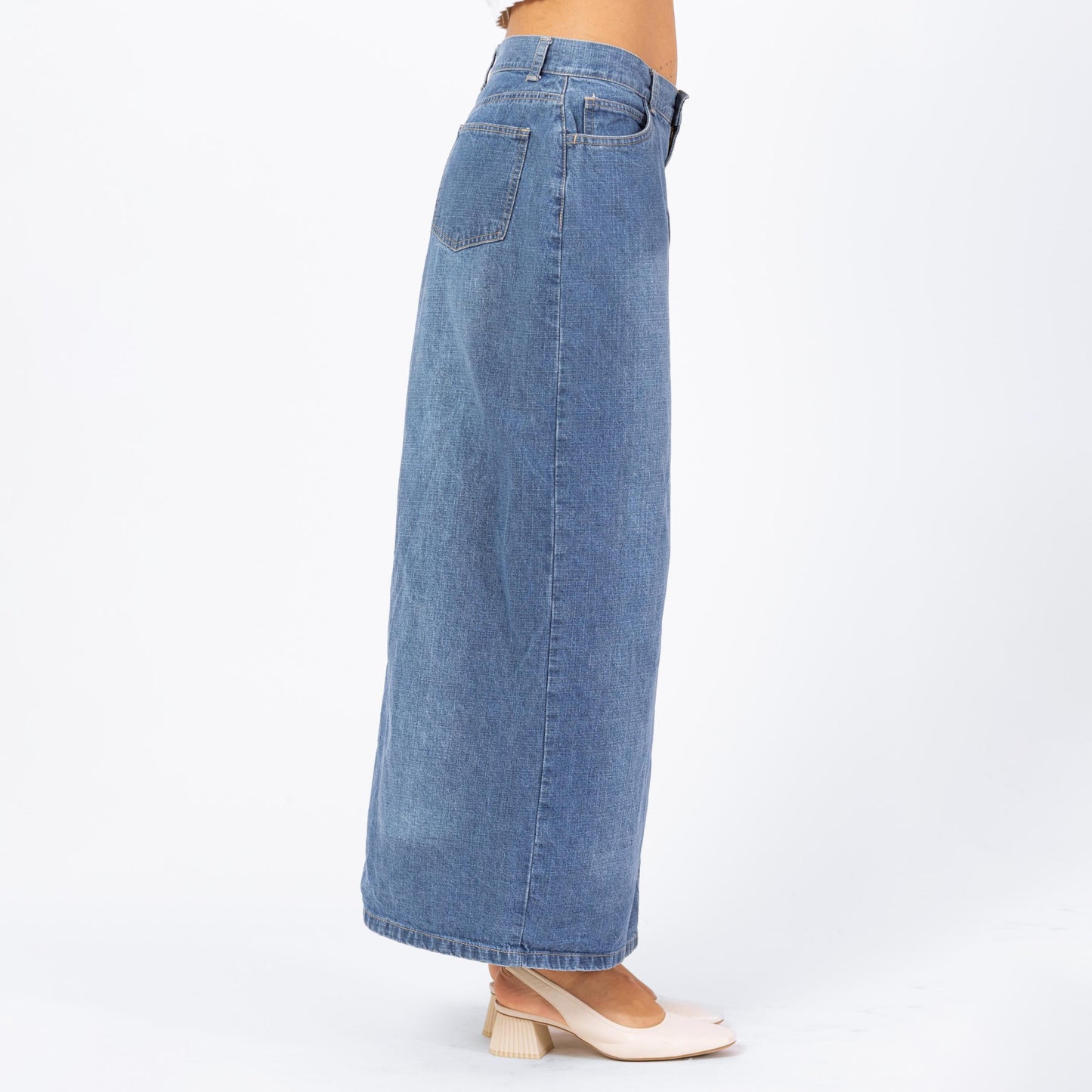 Vintage 90s Faded Denim Maxi Skirt - Medium, 28" Waist | Grunge High Waisted Medium Wash Jean Skirt