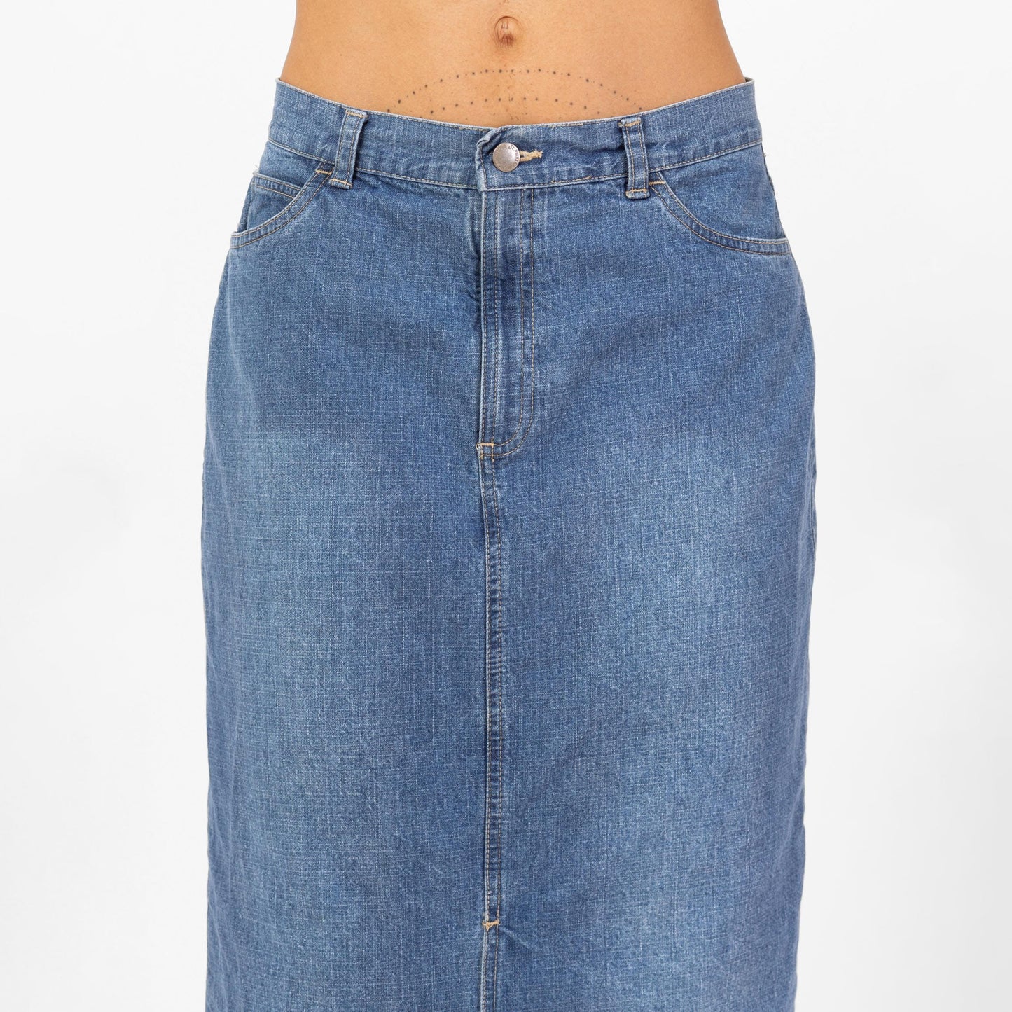 Vintage 90s Faded Denim Maxi Skirt - Medium, 28" Waist | Grunge High Waisted Medium Wash Jean Skirt