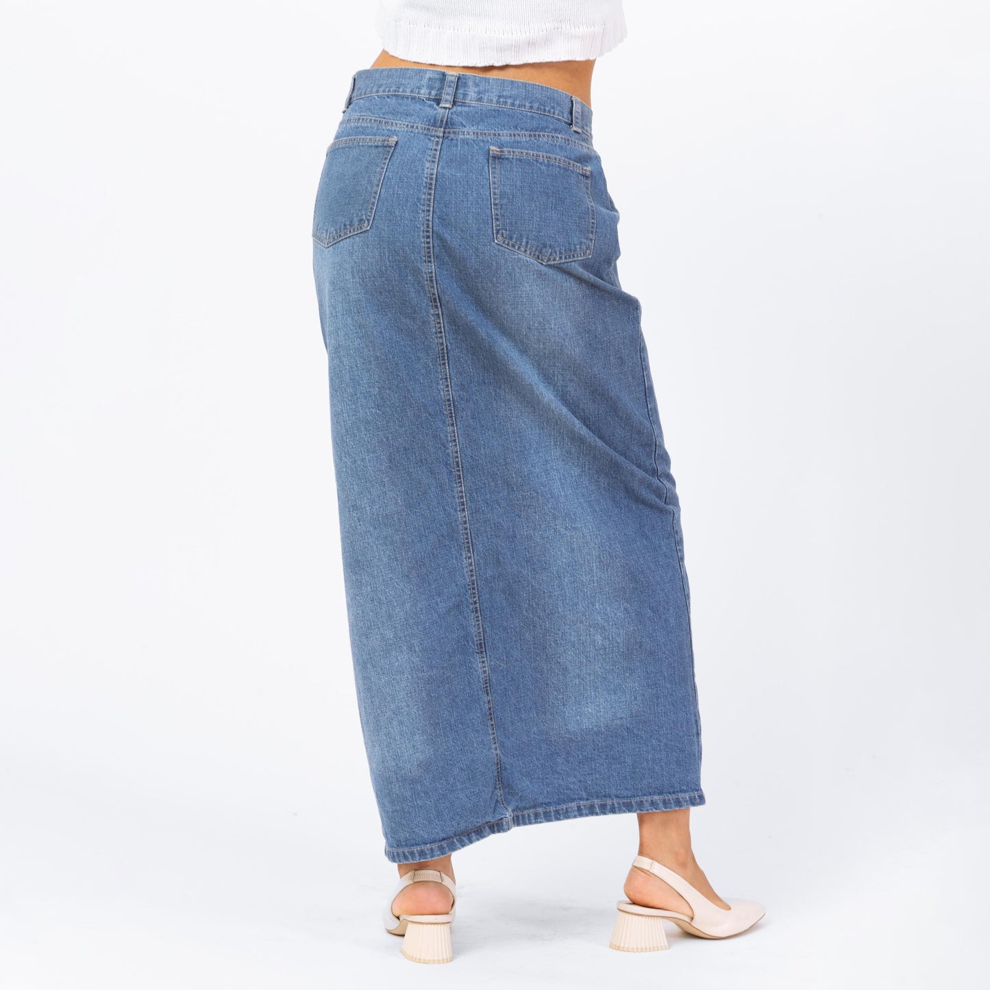 Vintage 90s Faded Denim Maxi Skirt - Medium, 28" Waist | Grunge High Waisted Medium Wash Jean Skirt