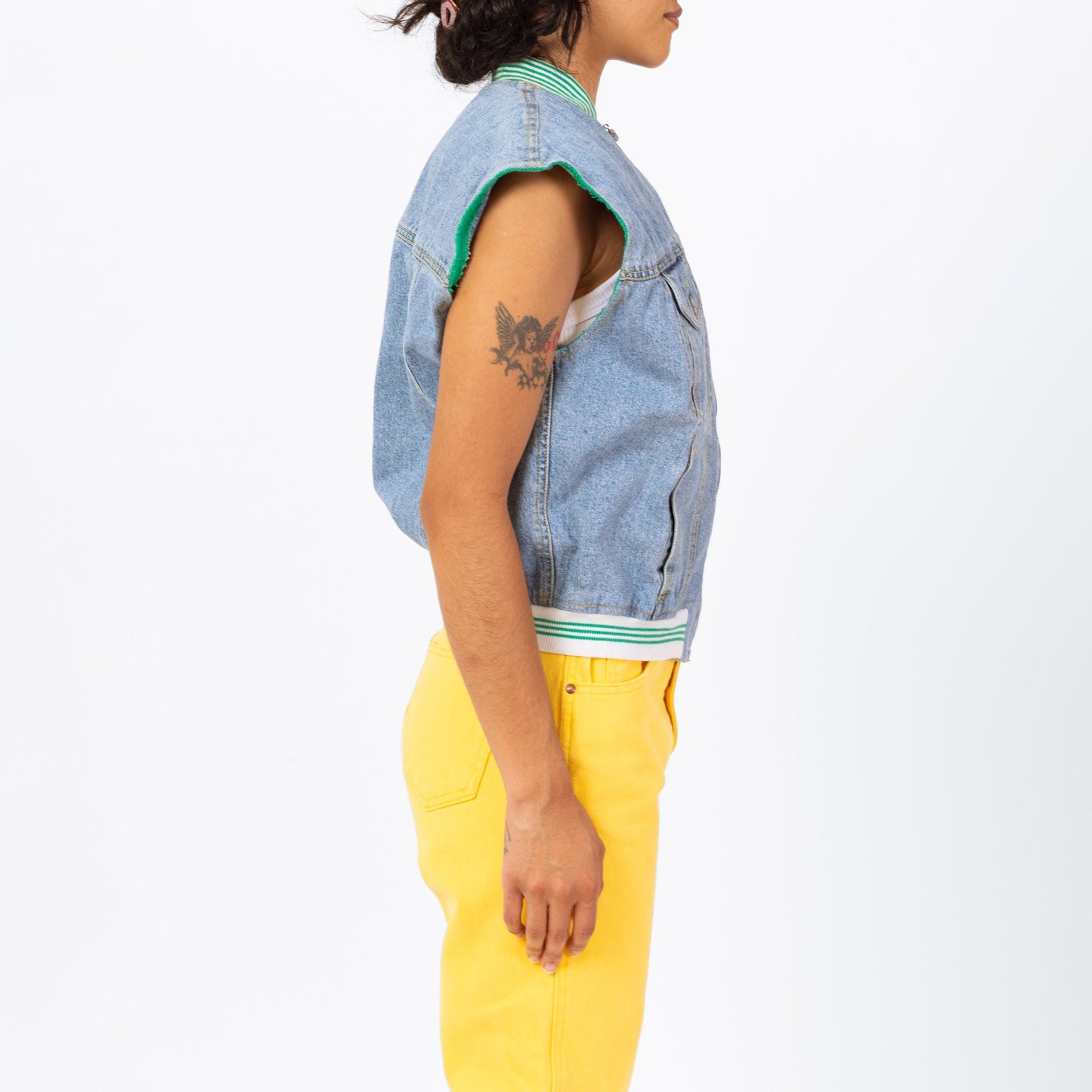 Vintage 90s Denim Striped Trim Vest - Small | Zip Up Blue Jean Sleeveless Jacket