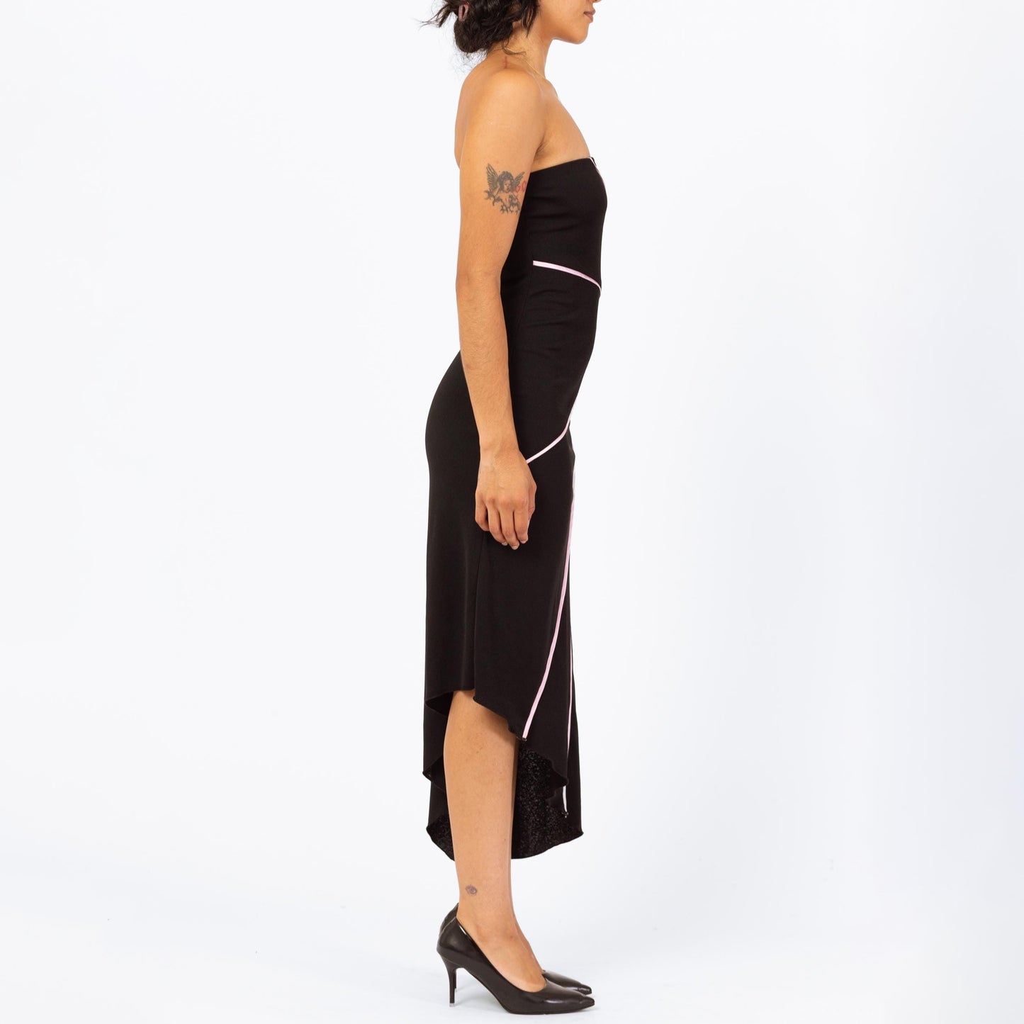 Vintage 90s Black Strapless Party Dress - Small | Asymmetrical Hem Pink Striped Cocktail Midi Dress
