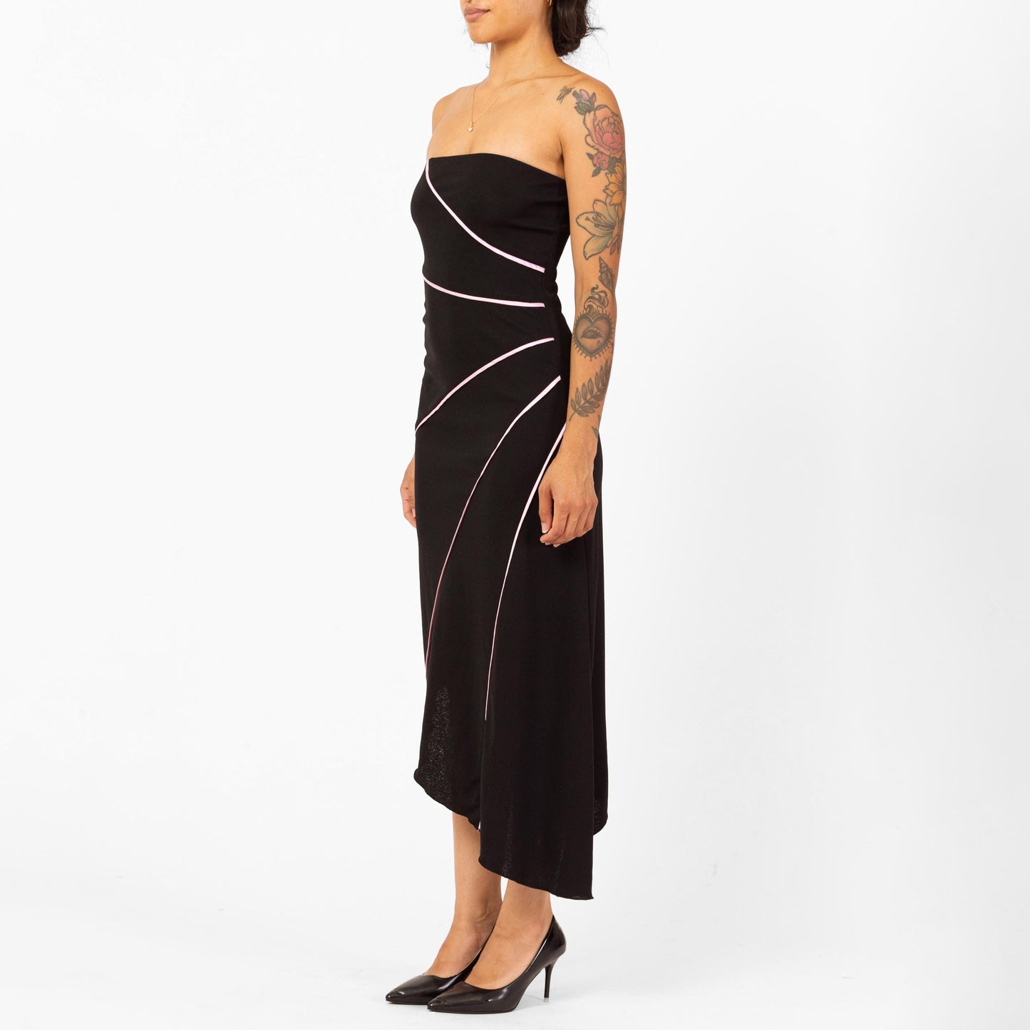 Vintage 90s Black Strapless Party Dress - Small | Asymmetrical Hem Pink Striped Cocktail Midi Dress